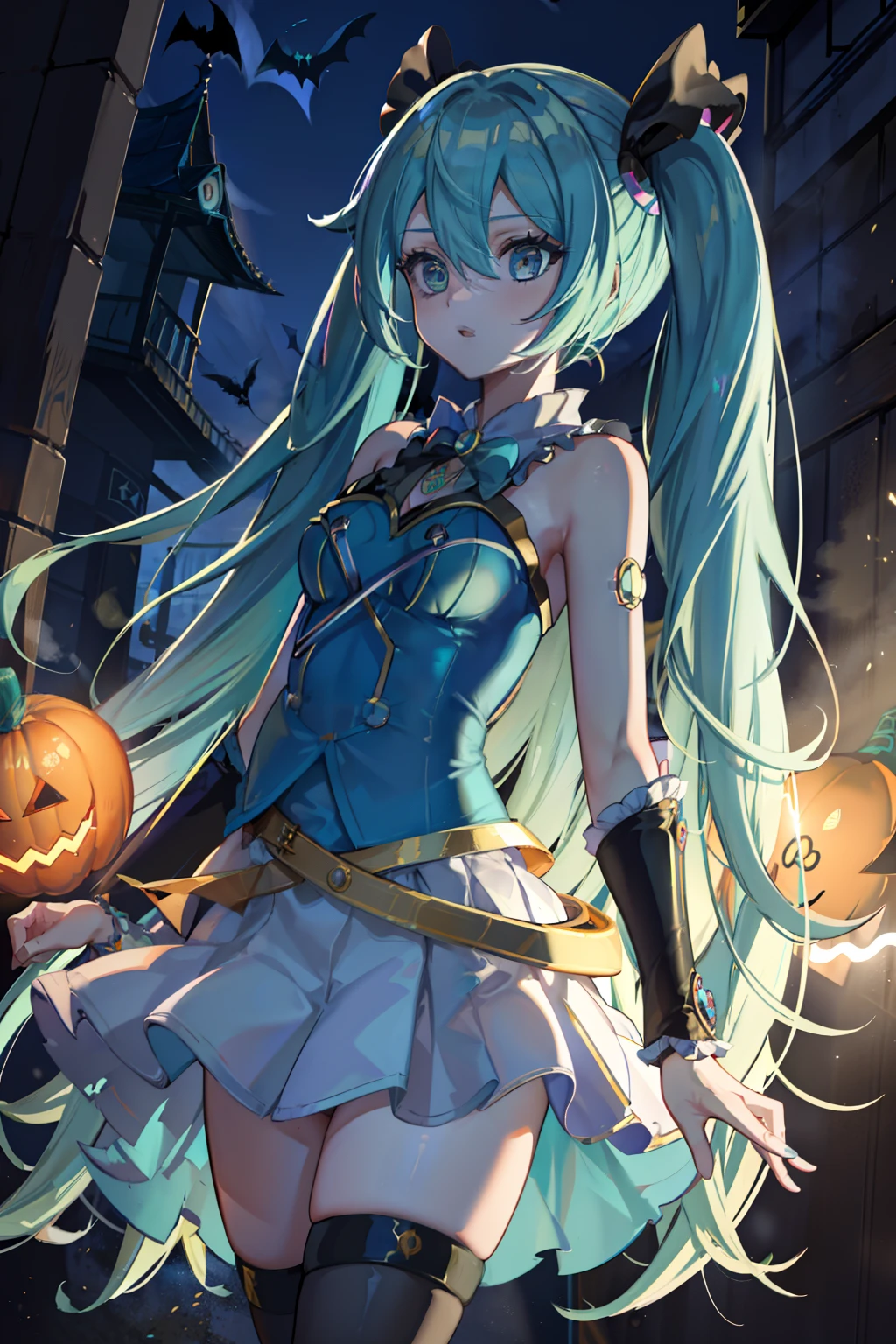 Hatsune Miku coustoms dark magician gils, hermosa y joven Hatsune Miku disfrazada de dark magician gils, cabello aqua extralargo, ojos celestes, traje de mago y sombrero de mago... Fondo de Halloween en la calle. Luces. Niebla. Luna.