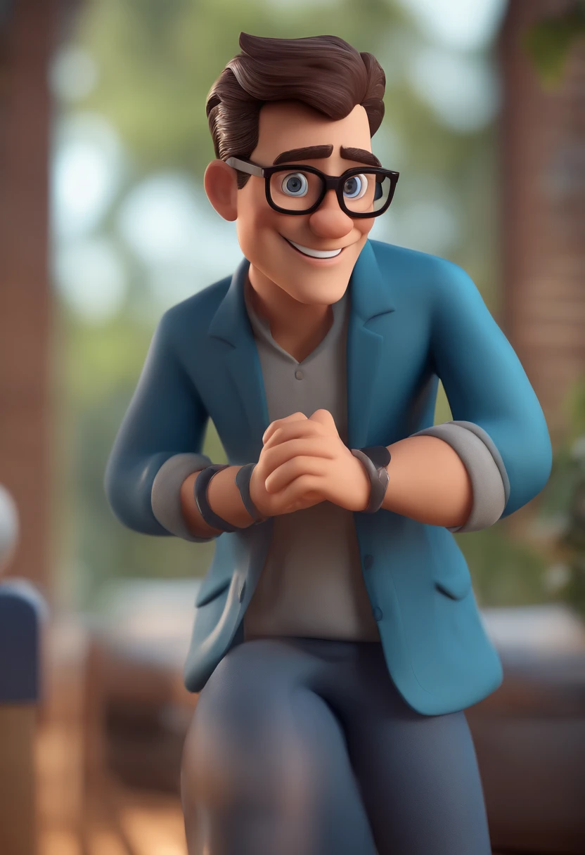 Cartoon character of a man with black glasses and a blue shirt, animation character, Caractere estilizado, animation style rendering, 3D estilizado, Arnold Maya render, 3 d render stylized, toon render keyshot, Personagem 3D, Personagem 3D, 3d rendering stylized, 3 d character render, personagem de desenho animado, Personagem de close up, Pose de personagem,  (Estilo Pixar) (master part:1.2) (Bokeh) (best quality) (pele detalhada) (textura detalhada) (8k) (argila) (Cinematic lighting) (foco nítido