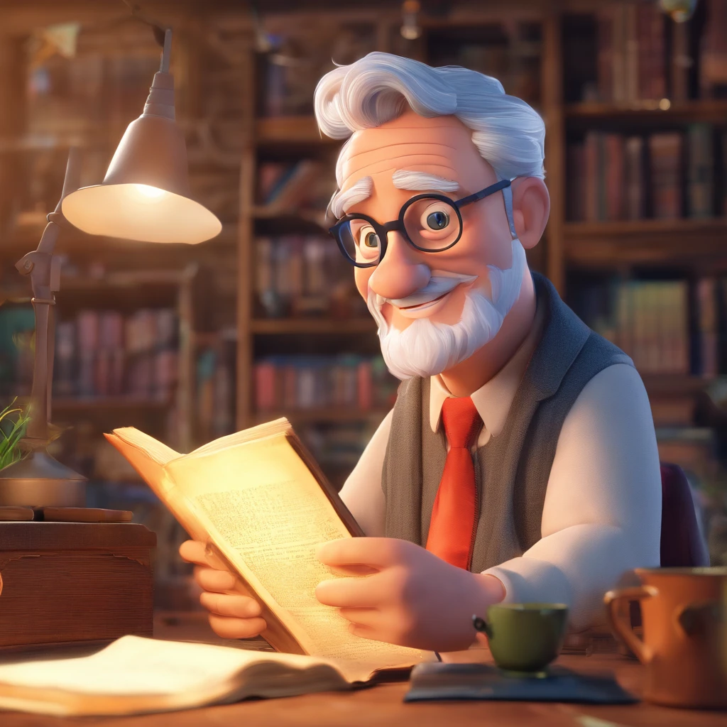 Crie um cartaz inspirado na Disney Pixar com o personagem sendo o pastor Rubens Janier, A gray-haired man wearing glasses, in an office with a Bible on the table