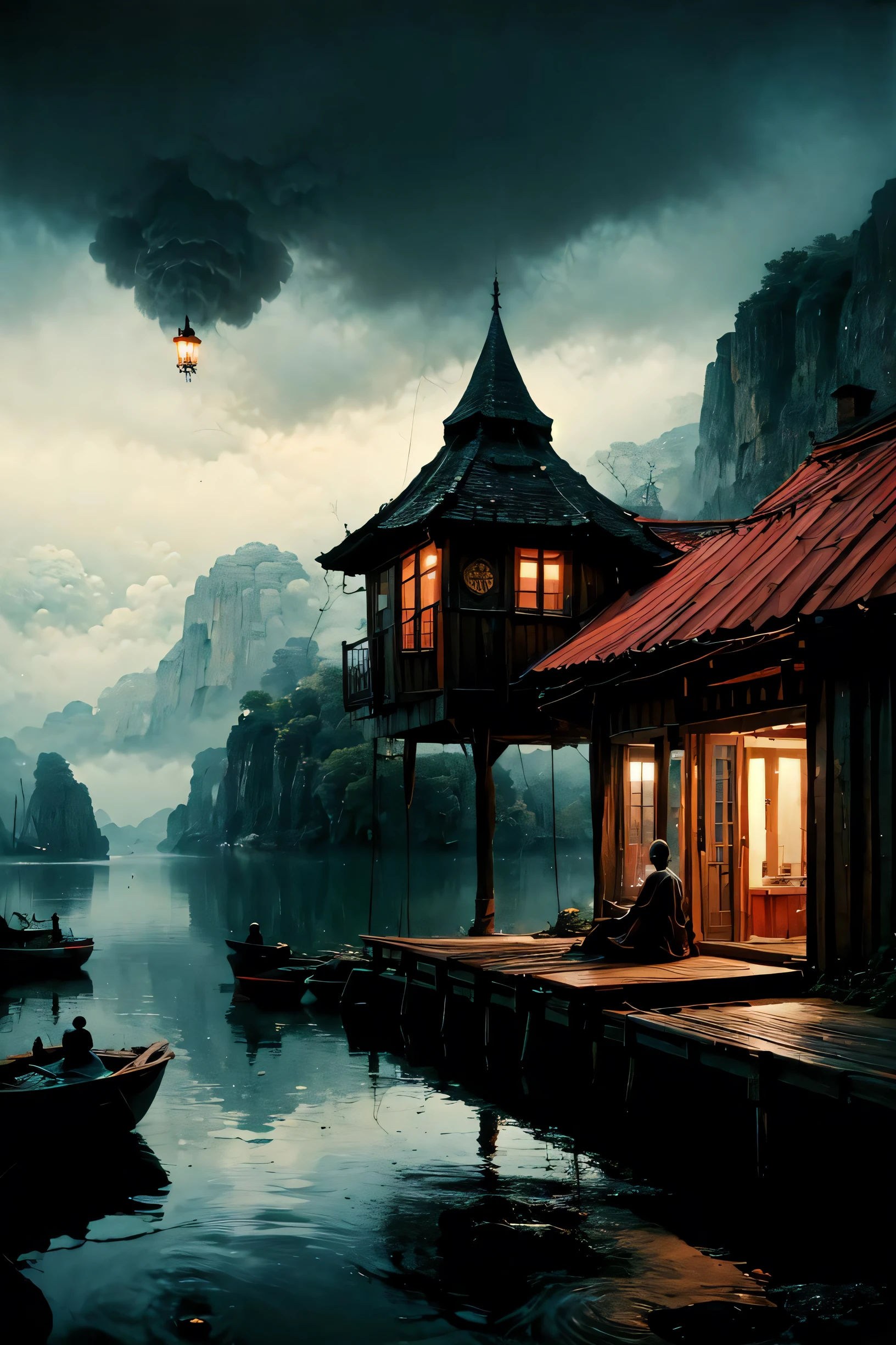 zwd,
true-to-life visuals, artistically refined,captivating beauty, breathtaking aesthetics, dramatic contrasts, atmospheric depth,
1girl,
Floating cabin, peaceful, waterfront,
Creativity,