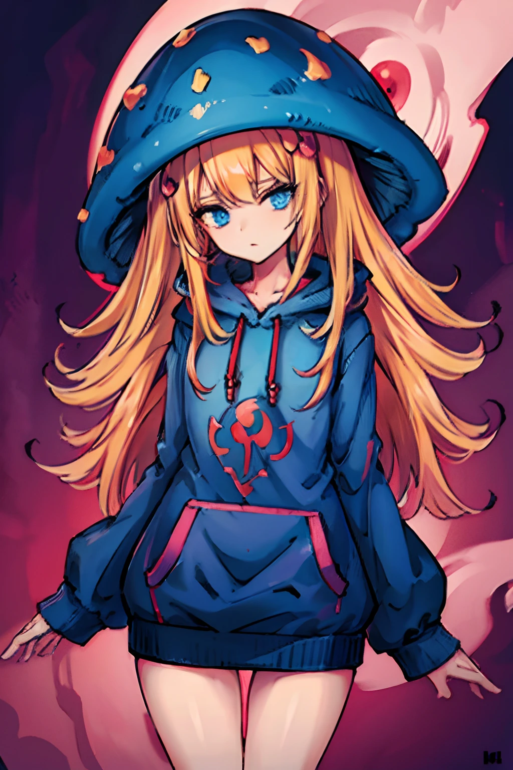 Early TCG,1girl, solo, masterpiece,4k,8k,absurdres, blue eyes, blond hair, crossed bangs, closeup, red mushroom girl, yugioh style yugioh monster glowing outline, black hoodie,cowboy shot,