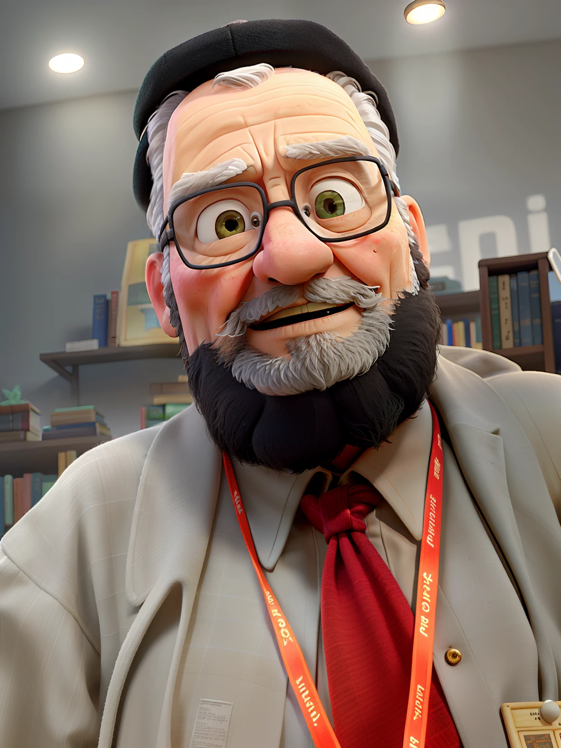 A wise old man standing in front, illuminated by the light of a lamp, against the backdrop of a library