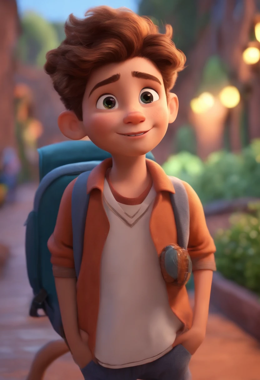 Image of a boy for a story in a YouTube video in Pixar format, He's the allabester, He's the class leader, He's outgoing, Playful and gets up for a lot of things, cabelo curto