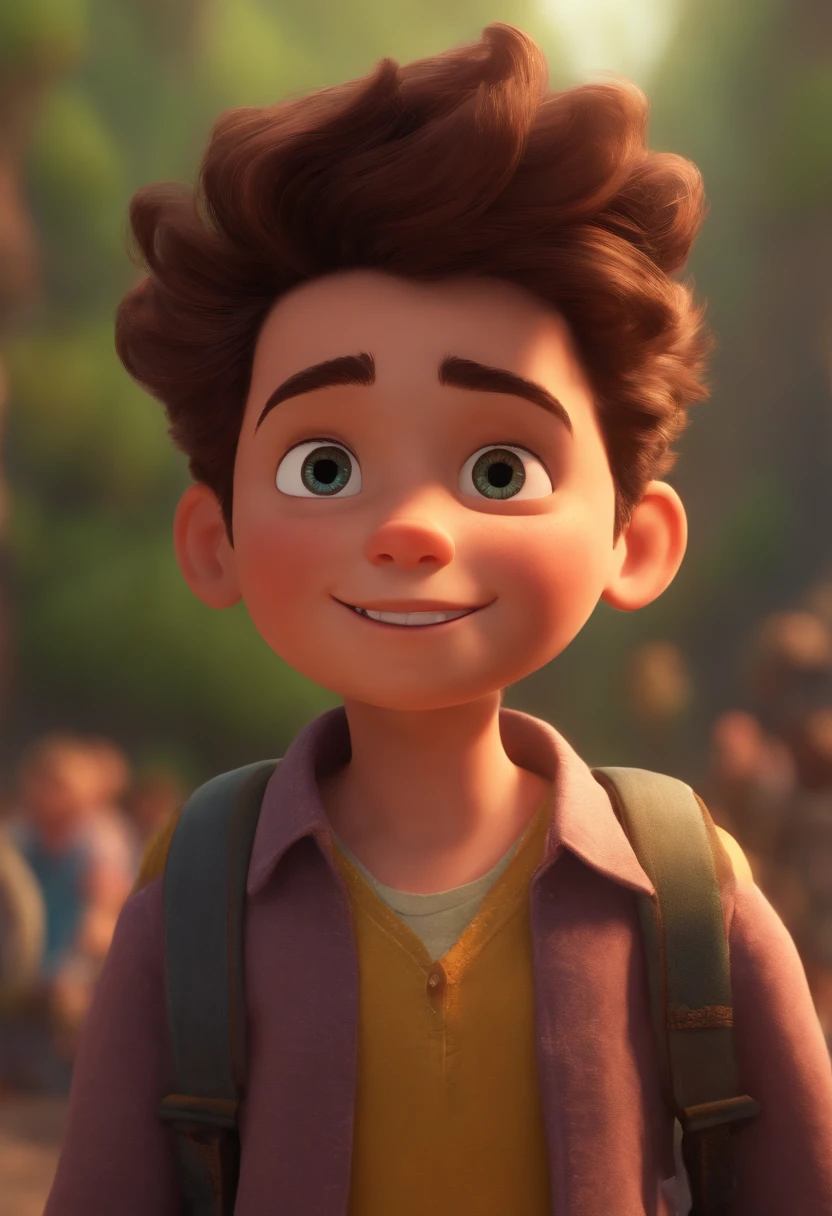 Image of a boy for a story in a YouTube video in Pixar format, He's the little allabester, He's the class leader, He's outgoing, Playful and gets up for a lot of things, cabelo curto