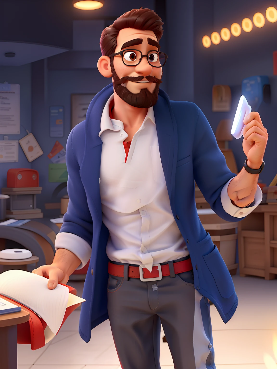 Pode melhorar barba mais rala com uns fios brancos, Make the full body appearing white red shoes. Man stands on black background on a speaker-like stage with microphone in one hand and book in the other in Disney pixar style best quality, maior qualidade.