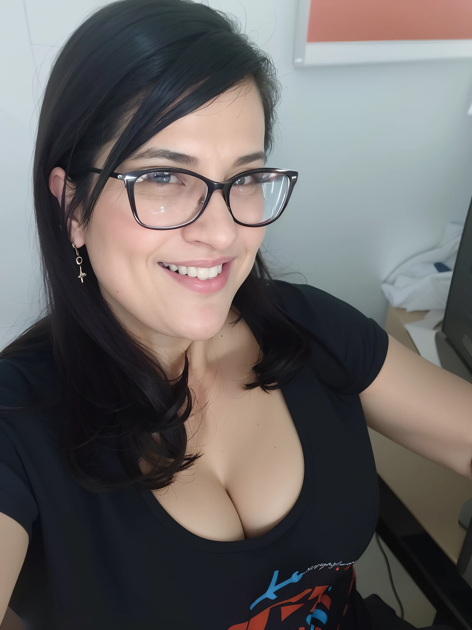 Smiling woman in glasses sitting in front of a computer monitor, (38 anos), 38 anos, 3 5 year brazilian mother, clivagem, 3 6 anos, cerca de 3 5 anos, 3 2 anos, Parece Fabiula Nascimento, Seu peito, 3 0 anos de idade mulher, Mulher de 30 anos