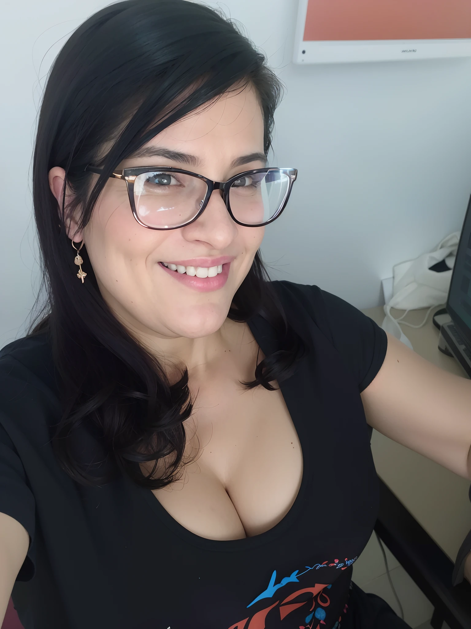 Smiling woman in glasses sitting in front of a computer monitor, (38 anos), 38 anos, 3 5 year brazilian mother, clivagem, 3 6 anos, cerca de 3 5 anos, 3 2 anos, Parece Fabiula Nascimento, Seu peito, 3 0 anos de idade mulher, Mulher de 30 anos