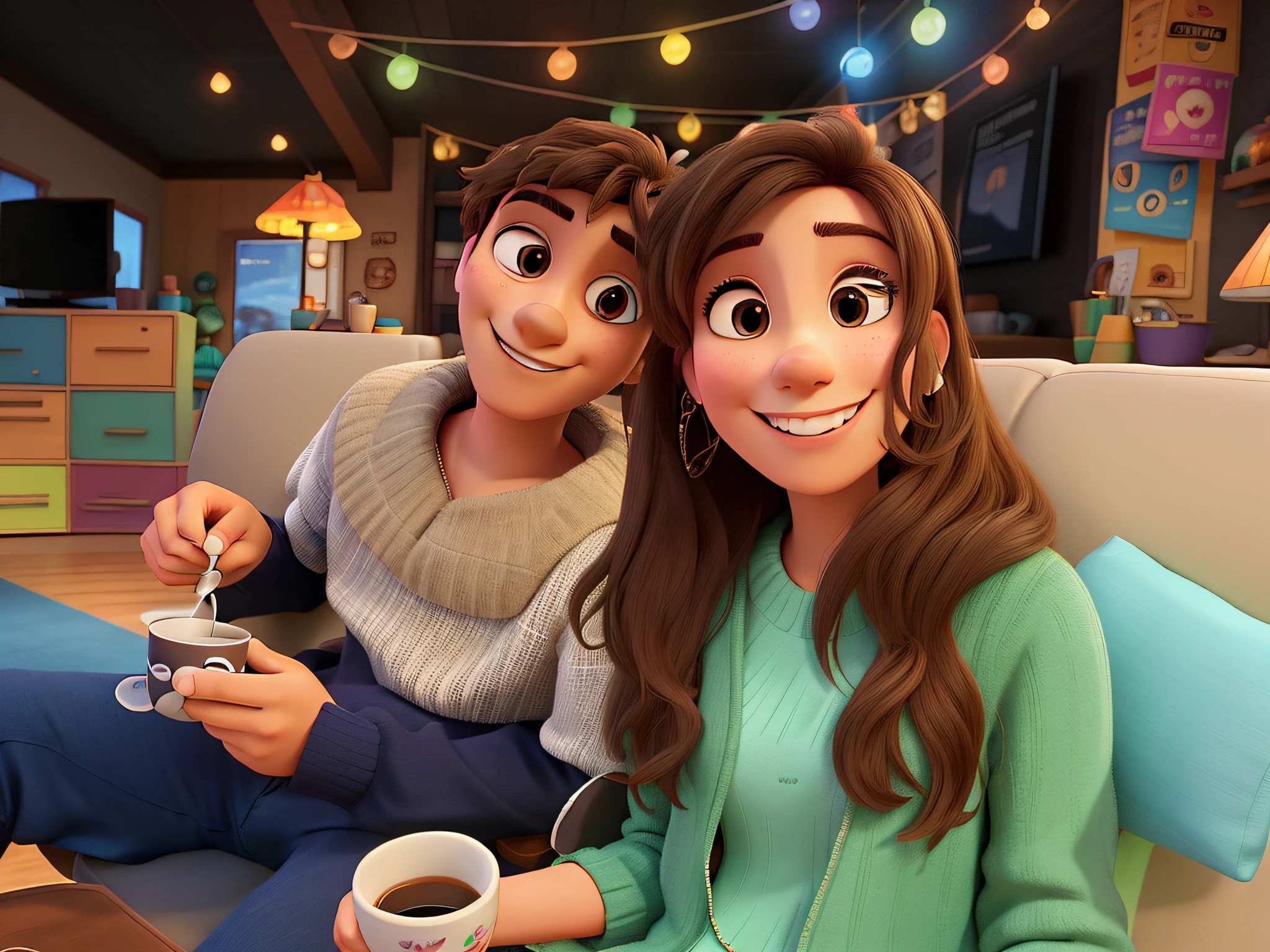 smiling couple sitting on a couch with a cup of coffee, taking a selfie, colored photo, disney pixar, high quality, best quality, having a great time, happy couple, profile image, , having a time of our un-life
