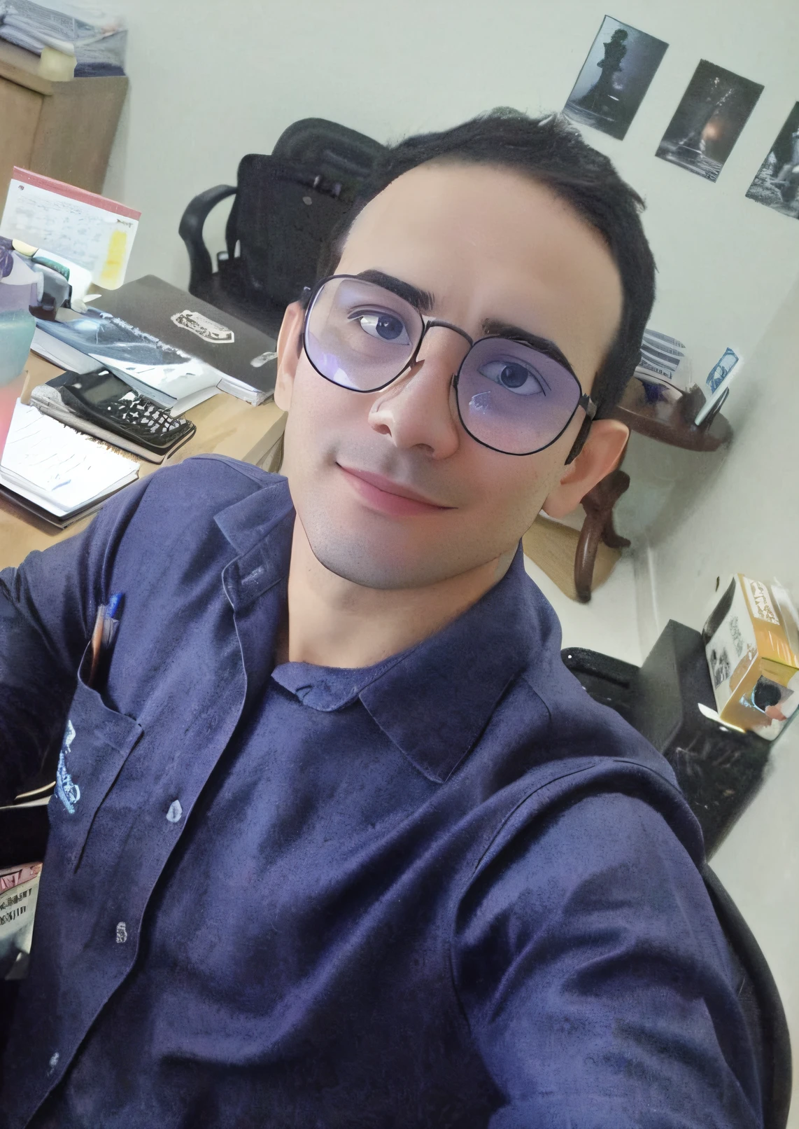 um homem bonito, wearing prescription glasses, at office, Landing for a good resolution photo,