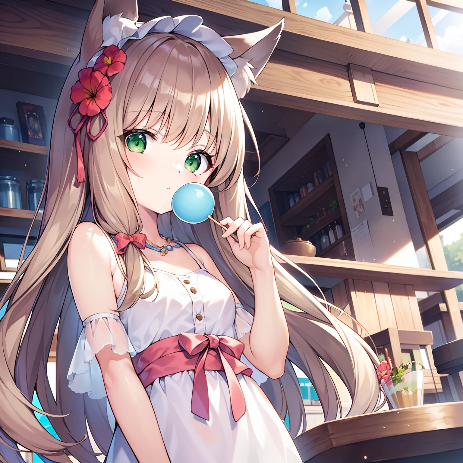 Masterpiece, Best quality, high resolution, 1girll, Solo, Oversized fox tail,(Long brown hair),Green eyes,Small flower headdress, (9 _Cute loli),Modern architecture,In the country_In the snack bar,The girl is holding a lollipop in both hands,wears a white dress,seen from the front,Close-up of upper body,