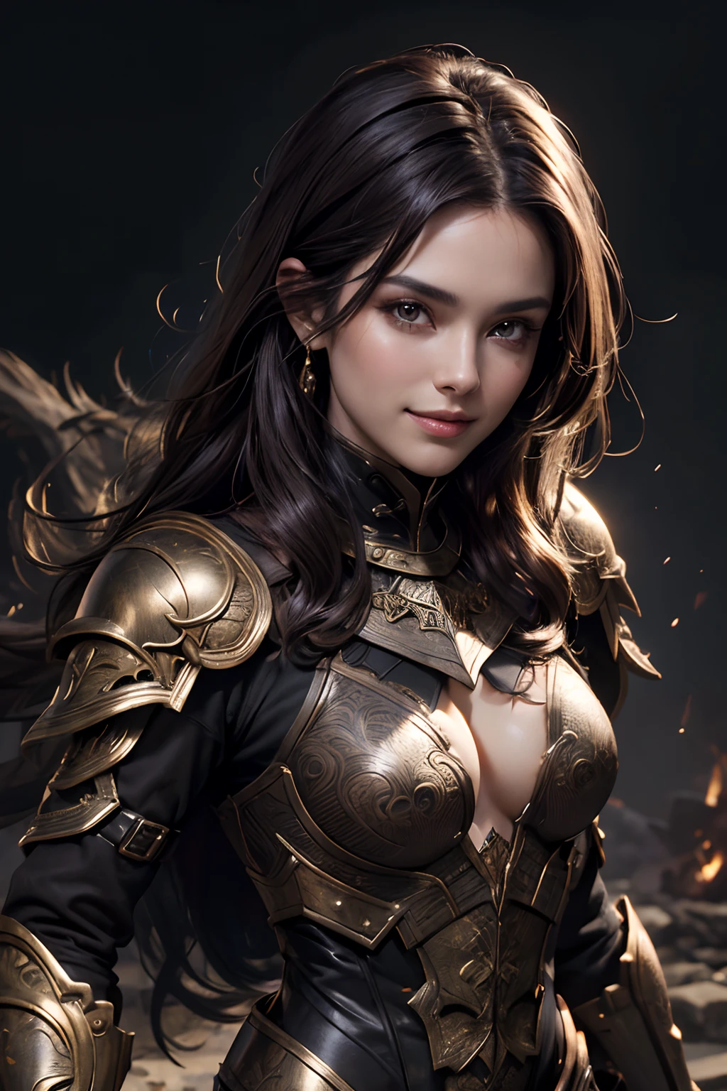 "(Best Quality,8K,hight resolution,Masterpiece:1.2),Beautiful,Detailed Face,Smiling and mesmerizing,Dark brown hair,In black armor with a scorpion motif.Accentuated chest area"