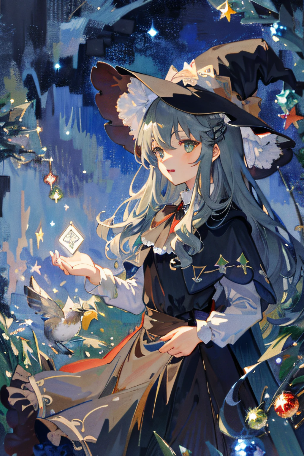 ((masutepiece:1.2, Best Quality)), 1girll, Solo, (Witch Hat), gray-brown hair, Long hair, Dress, Aurora, Night, Star (skyporn), mitts, skyporn, White Dress, nigh sky, Open mouth, Starry sky, Green eyes, bow ribbon, Very long hair, Red dress, Smile, Hair Ribbon, Cape, Silver hair, (Bird), Magic, casting spell, dark clouds, Night, (Impressionism:1.4), (tarot:1.3), Alphonse Mucha, Heterochromia、 GingerCat