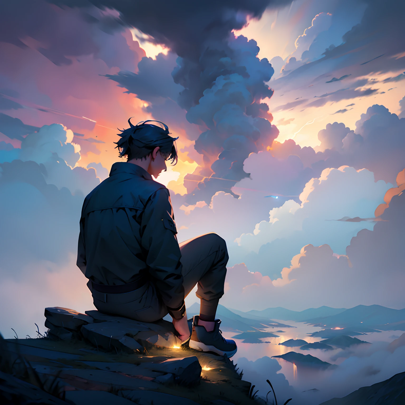 back silhouette sitting in the clouds looking at the top of a hill where lightning strikes, topview, nigh, night scenery, natural lighting, dark scenery
