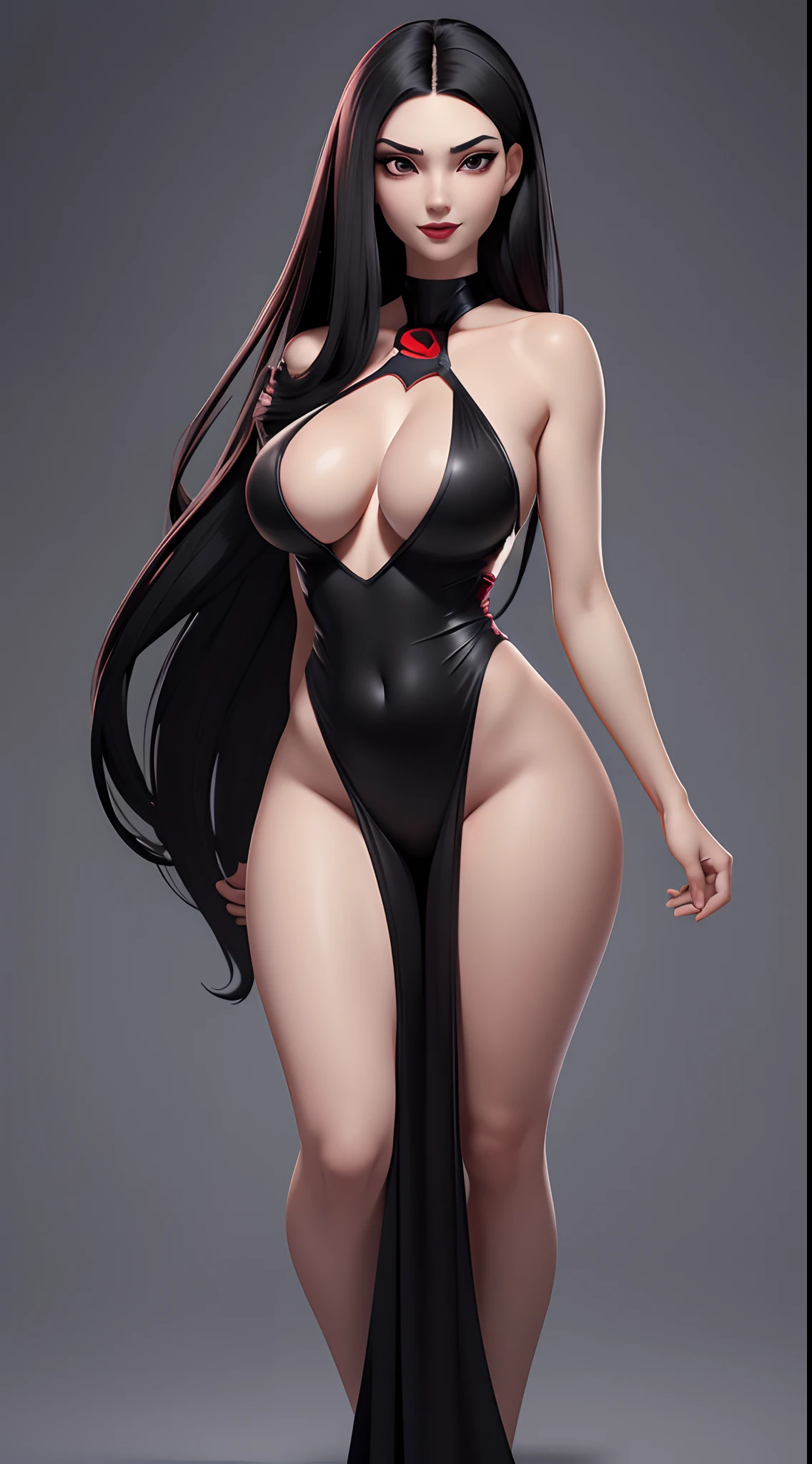 a woman with long black hair, black eyes, red mouth, pale skin, with large breasts, sculptural body, wearing a red swimsuit with a deep neckline, from the lap to the pelvis, very bold with large necklines from the breasts to the pelvis, covering only the nipples and the vagina, full body view and a vampire, the pure expression of pleasure and death, Halloween flat background, ultra realistic, cinematic, 4k