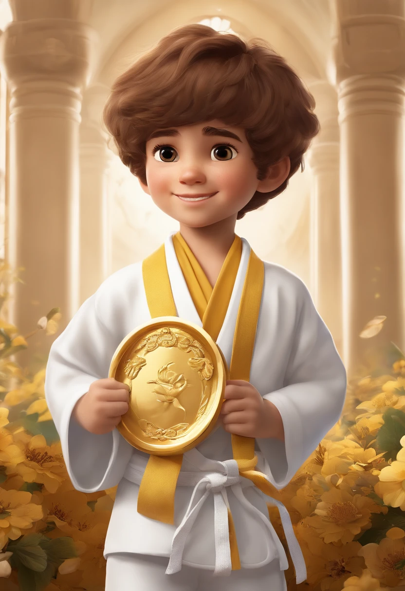 Image of a boy judo champion, usando kimono branco com uma faixa amarela, holding a gold medal and a trophy in Pixar format, He's the one, He's the class leader, He's outgoing, Playful and gets up for a lot of things, cabelo curto cor castanho, cor dos olhos castanhos