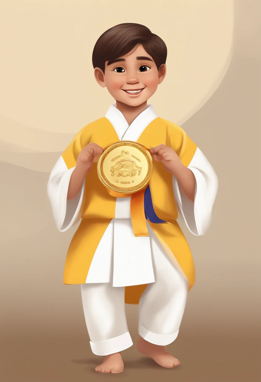 Image of a boy judo champion, usando kimono branco com uma faixa amarela, holding a gold medal and a trophy in Pixar format, He's the little one, He's the class leader, He's outgoing, Playful and gets up for a lot of things, cabelo curto cor castanho, cor dos olhos castanhos