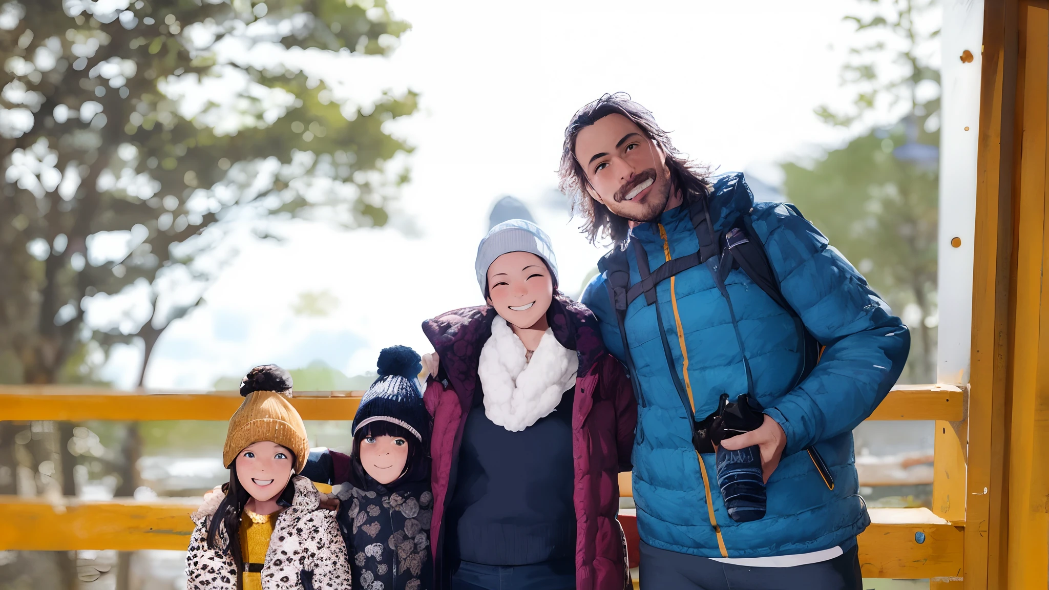 Family of four, two adults and a set of 6-year-old twins, glacier behind them