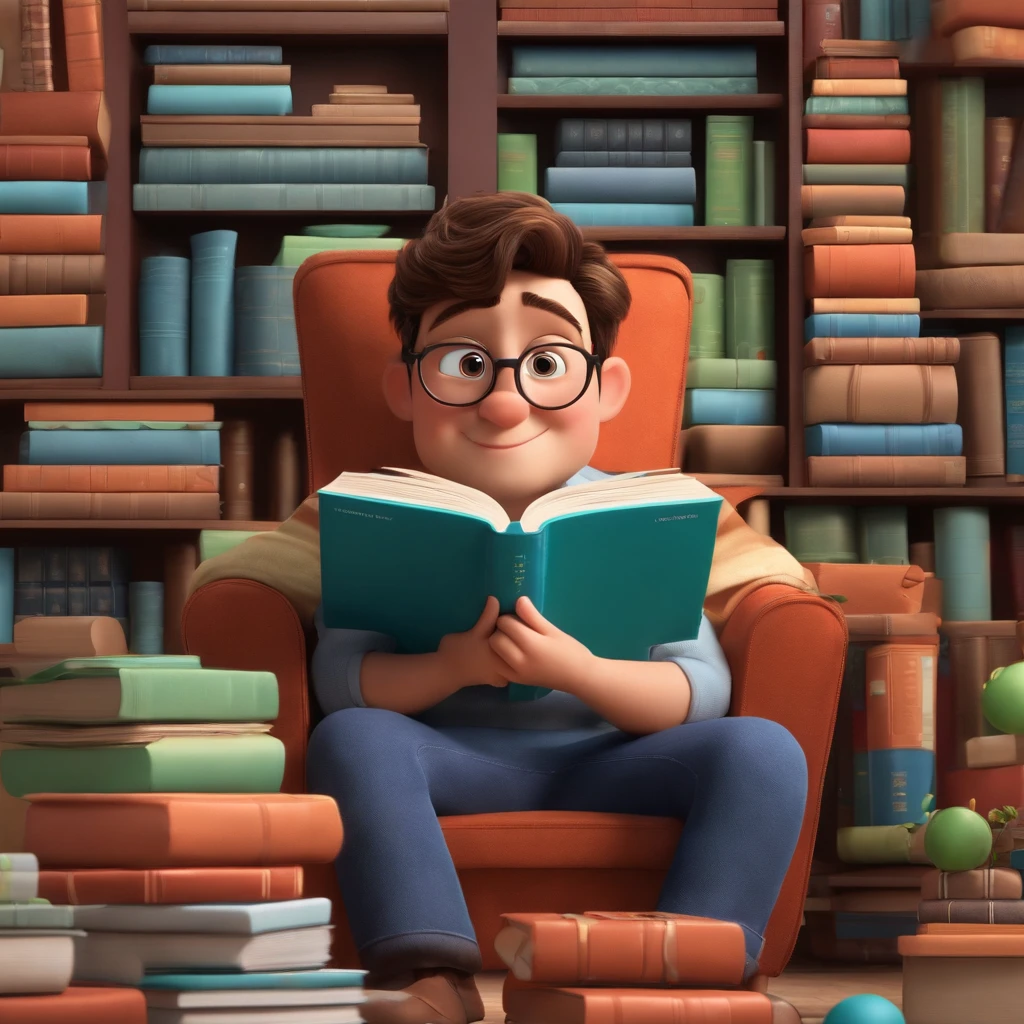 fundo branco, pixar desenhos animados 3D, homem lendo um livro, ::estilo pixar cartoon