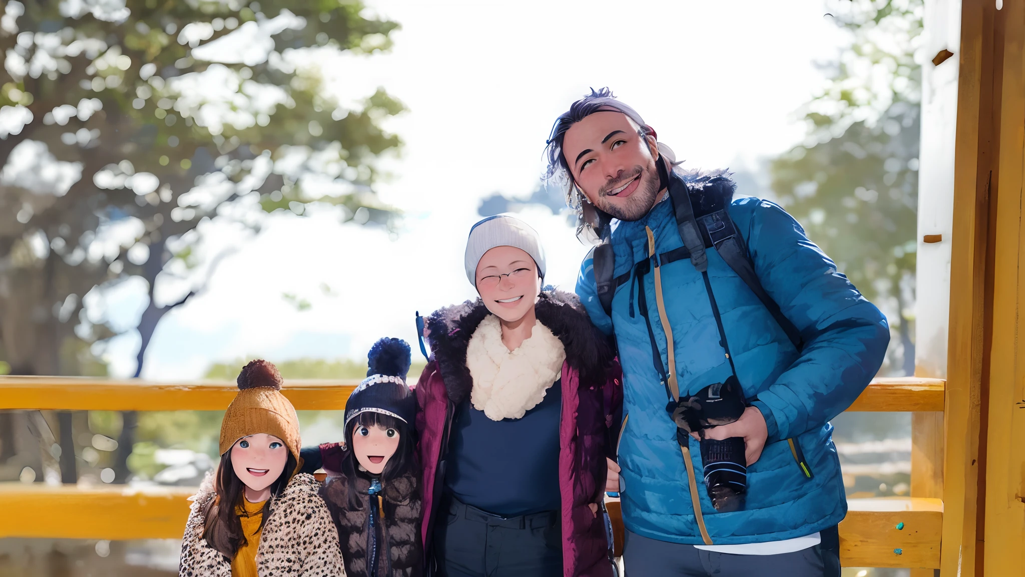 Family of four, two adults and a set of 6-****-*** twins, glacier behind them