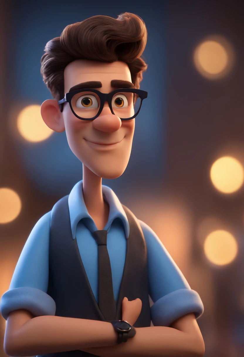 Cartoon character of a man with black glasses and a blue shirt, animation character, Caractere estilizado, animation style rendering, 3D estilizado, Arnold Maya render, 3 d render stylized, toon render keyshot, Personagem 3D, Personagem 3D, 3d rendering stylized, 3 d character render, personagem de desenho animado, Personagem de close up, Pose de personagem, (Estilo Pixar) (master part:1.2) (Bokeh) (best quality) (pele detalhada) (textura detalhada) (8k) (argila) (Cinematic lighting) (foco nítido