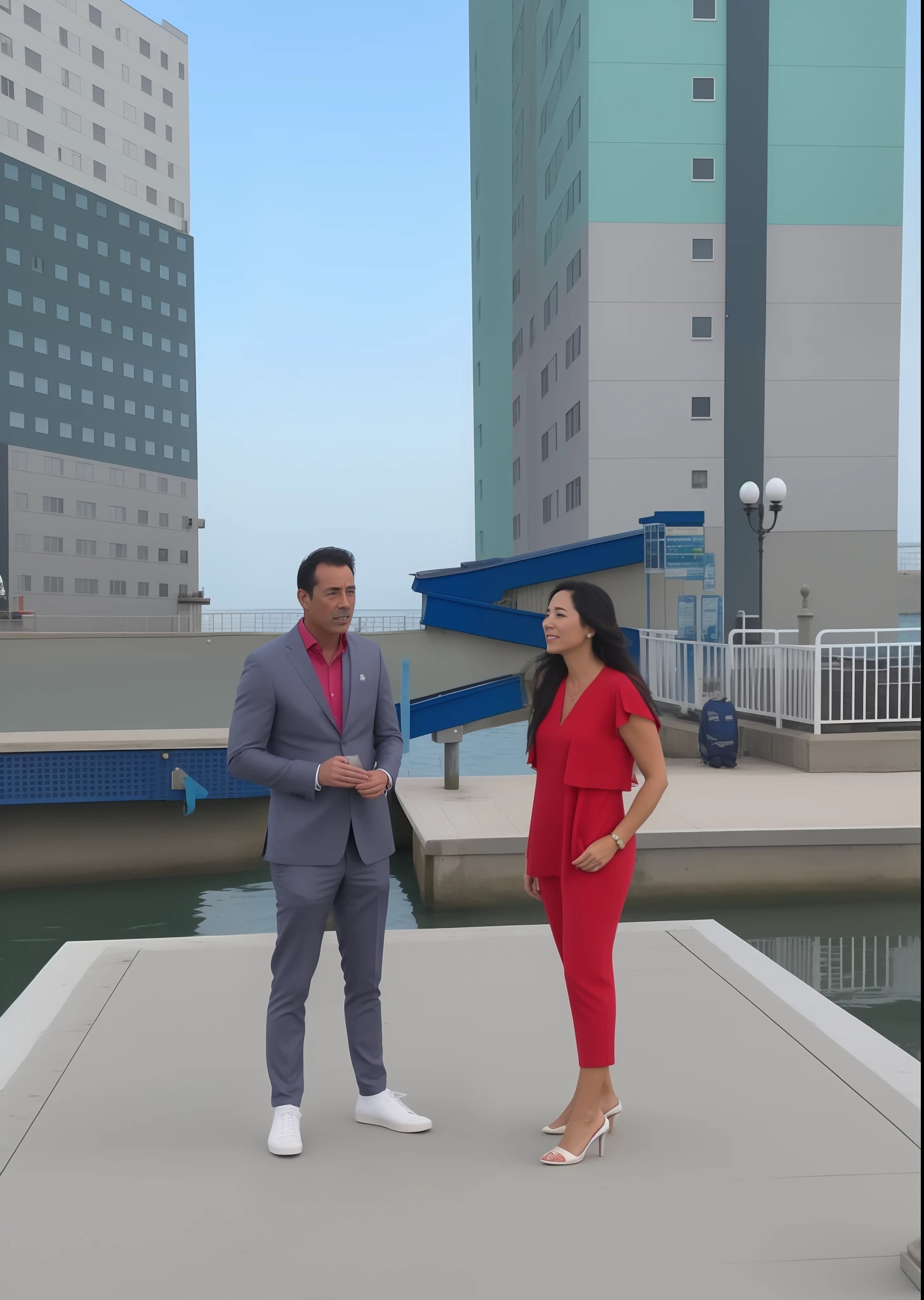 There's a man and a woman standing on a pier talking