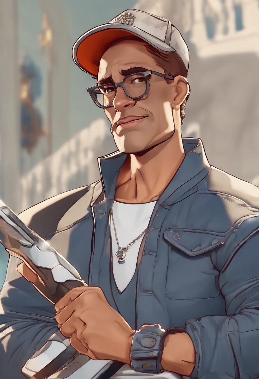 personagem dos desenhos animados de um homem loiro, 48 anos, bermuda e camiseta com desenho logotipo GulfOil, meias checkered flag, tenis marca Vans, folded arms, Athletic Profile, cabelo com corte estilo militar, animation character, Caractere estilizado, animation style rendering, 3D estilizado, Arnold Maya render, 3 d render stylized, toon render keyshot, Personagem 3D, Personagem 3D, 3d rendering stylized, 3 d character render, personagem de desenho animado, Personagem de close up, Pose de personagem, (Estilo Pixar) (master part:1.2) (Bokeh) (best quality) (pele detalhada) (textura detalhada) (8k) (argila) (Cinematic lighting) (foco nítido