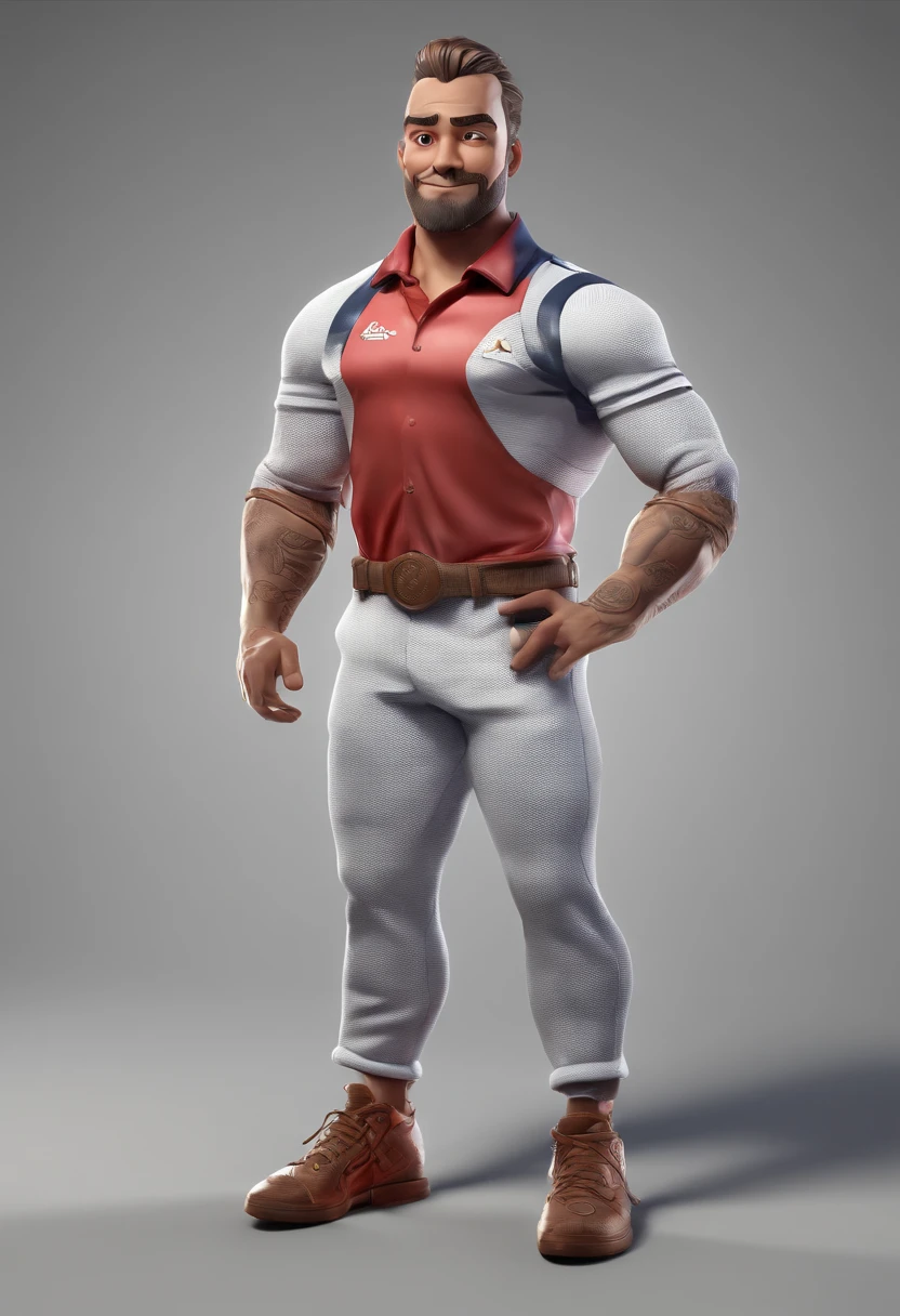 personagem dos desenhos animados de um homem loiro, 48 anos, bermuda e camiseta com desenho logotipo GulfOil, meias checkered flag, tenis marca Vans, folded arms, Athletic Profile, cabelo com corte estilo militar, animation character, Caractere estilizado, animation style rendering, 3D estilizado, Arnold Maya render, 3 d render stylized, toon render keyshot, Personagem 3D, Personagem 3D, 3d rendering stylized, 3 d character render, personagem de desenho animado, Personagem de close up, Pose de personagem, (Estilo Pixar) (master part:1.2) (Bokeh) (best quality) (pele detalhada) (textura detalhada) (8k) (argila) (Cinematic lighting) (foco nítido