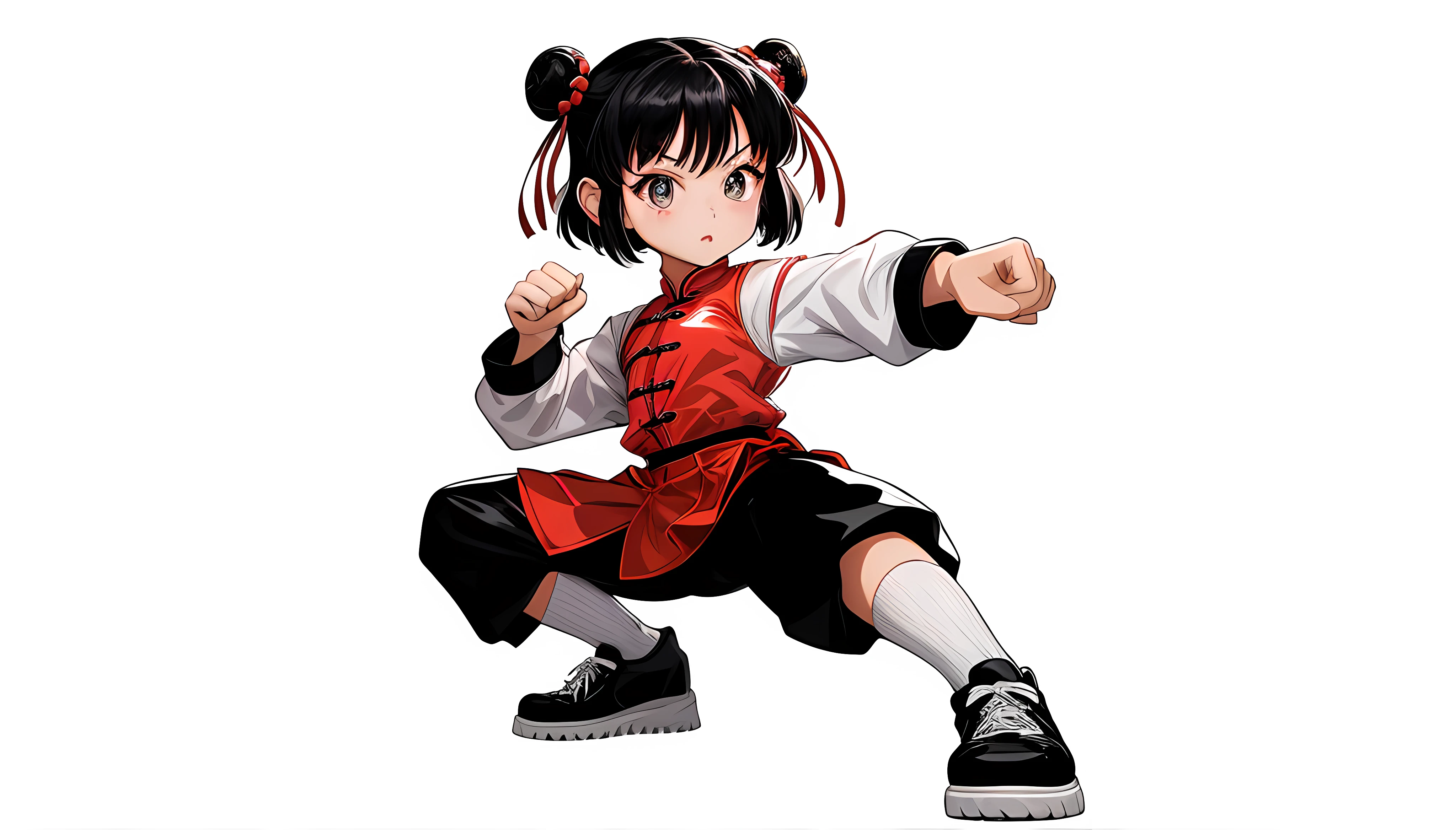 <lora:Focke_wulf_style_v02:1>, ultra detailed, masterpiece, best quality, solo, frown,
1girl, red eyes, <lora:Tsurime3:1>, (tsurime:1.2), brown hair, medium hair, asymmetrical bangs, swept bangs, parted bangs, cowlick, parted bangs, flipped hair, <lora:foldedponytail:1> foldedponytail, folded ponytail, (small breasts:1.3),
fingerless gloves, shimenawa hair tie, sleeveless turtleneck, crop top, groin, (shimenawa:1.3), (shimenawa sash:1.3), (overskirt:1.2), shorts, flats, bandages, bandaged arm, bare legs, navel,