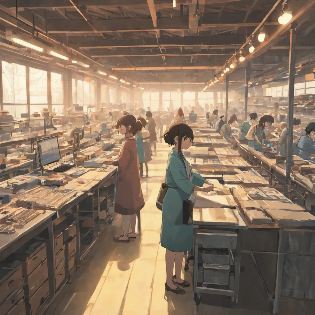 10 people working inside a children's clothing factory. In the picture there is a clothes cutting machine, Sewing Machines, pessoas recortando roupas, pessoas mexendo no computador, 3 people looking at the camera and waving. People are in simple clothes, de trabalho. Tem um cabide de roupas prontas. There are several boxes waiting for the truck to load.