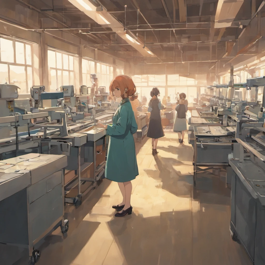 10 people working inside a children's clothing factory. In the picture there is a clothes cutting machine, Sewing Machines, pessoas recortando roupas, pessoas mexendo no computador, 3 people looking at the camera and waving. People are in simple clothes, de trabalho. Tem um cabide de roupas prontas. There are several boxes waiting for the truck to load.