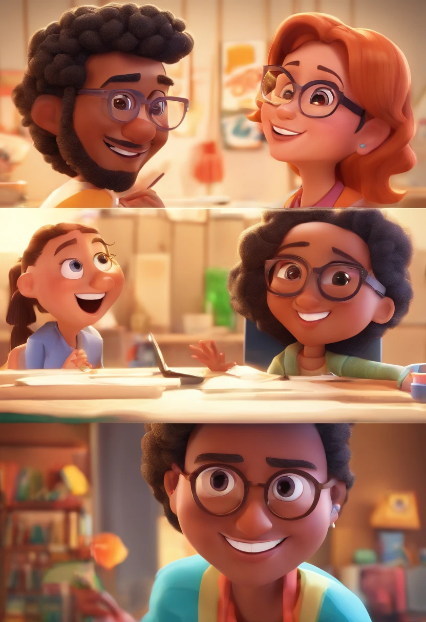An illustration of an adorable couple, Highlight for a chubby mulatto man with glasses smiling and a brunette woman with beautiful expressive eyes - the man's skin is mulatto and the man's hair haswhile the woman's skin is black and the woman's hair is straight and brown. They are a bright room, cada um com um sorriso no rosto, e compartilhar um momento especial caracterizado pelo amor, Insights. Illustrate this scene from a perspective where they are facing the camera, Smiling and Showing Your Connection. Desenvolva esta arte em Full HD, Focus on your cinematic touch, Estilo Disney Pixar Animations