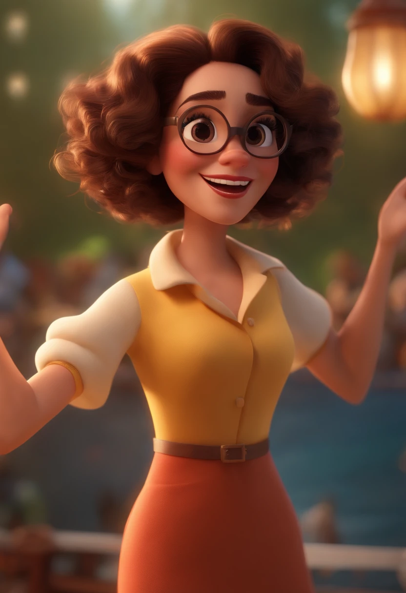 Pixar style image with 3D character white glasses brunette woman short curly hair dancing, Maquiagem Disney,Pescador, bonitinho, sorridente ,Close-up, Pixar, Disney, Cinema lighting,