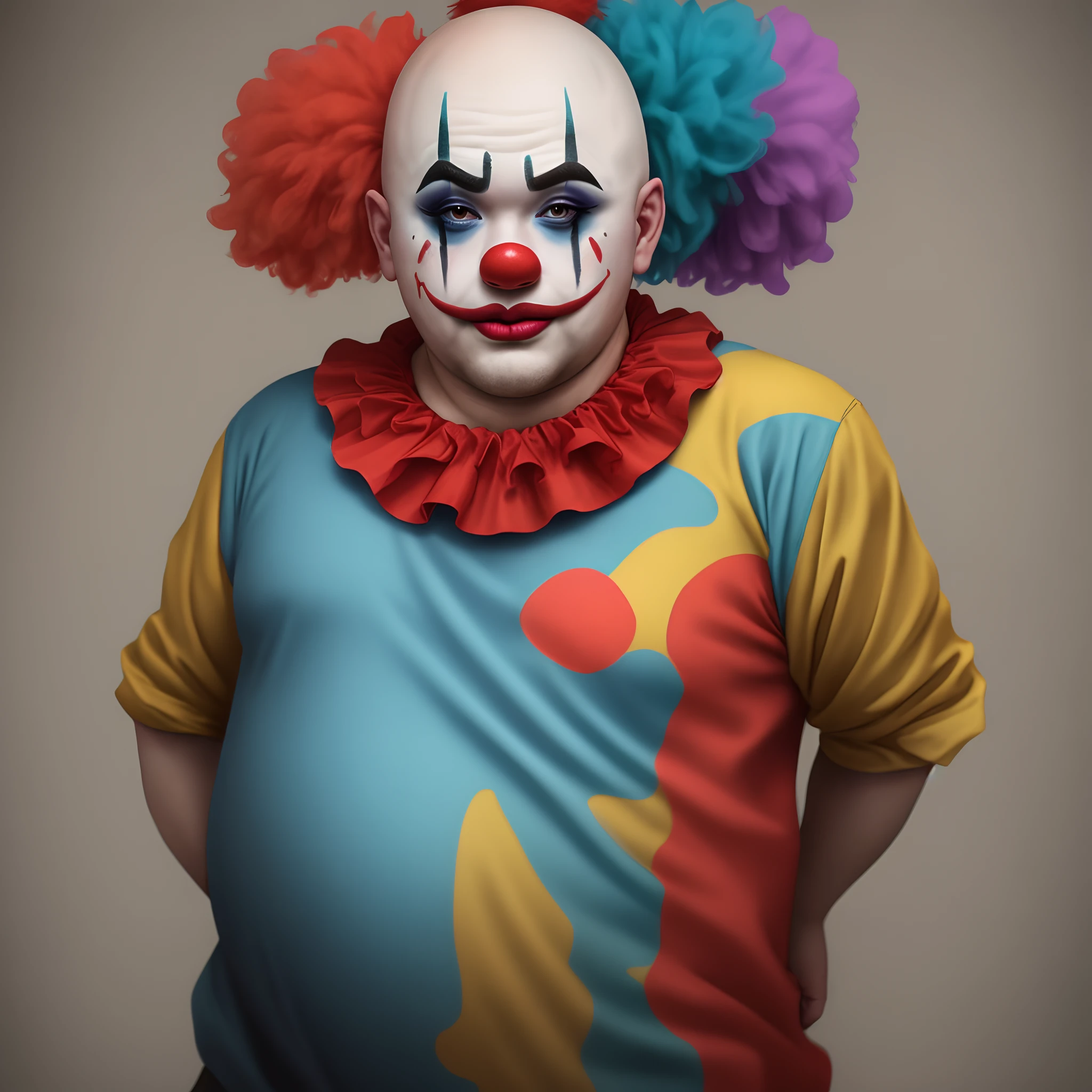 A short, bald fat person with poor clown makeup