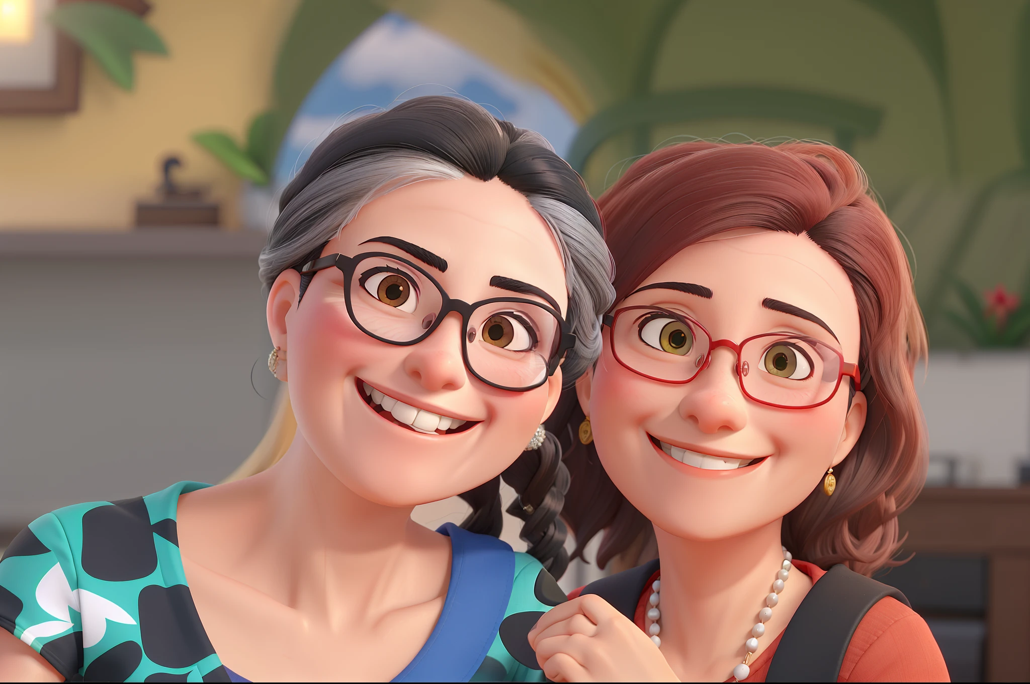 uma senhora sorrindo mostrando os dentes, wearing black glasses, cabelo curto , grisalho, Embraced with a smiling lady showing her teeth, de cabelos loiro castanho, wearing red glasses