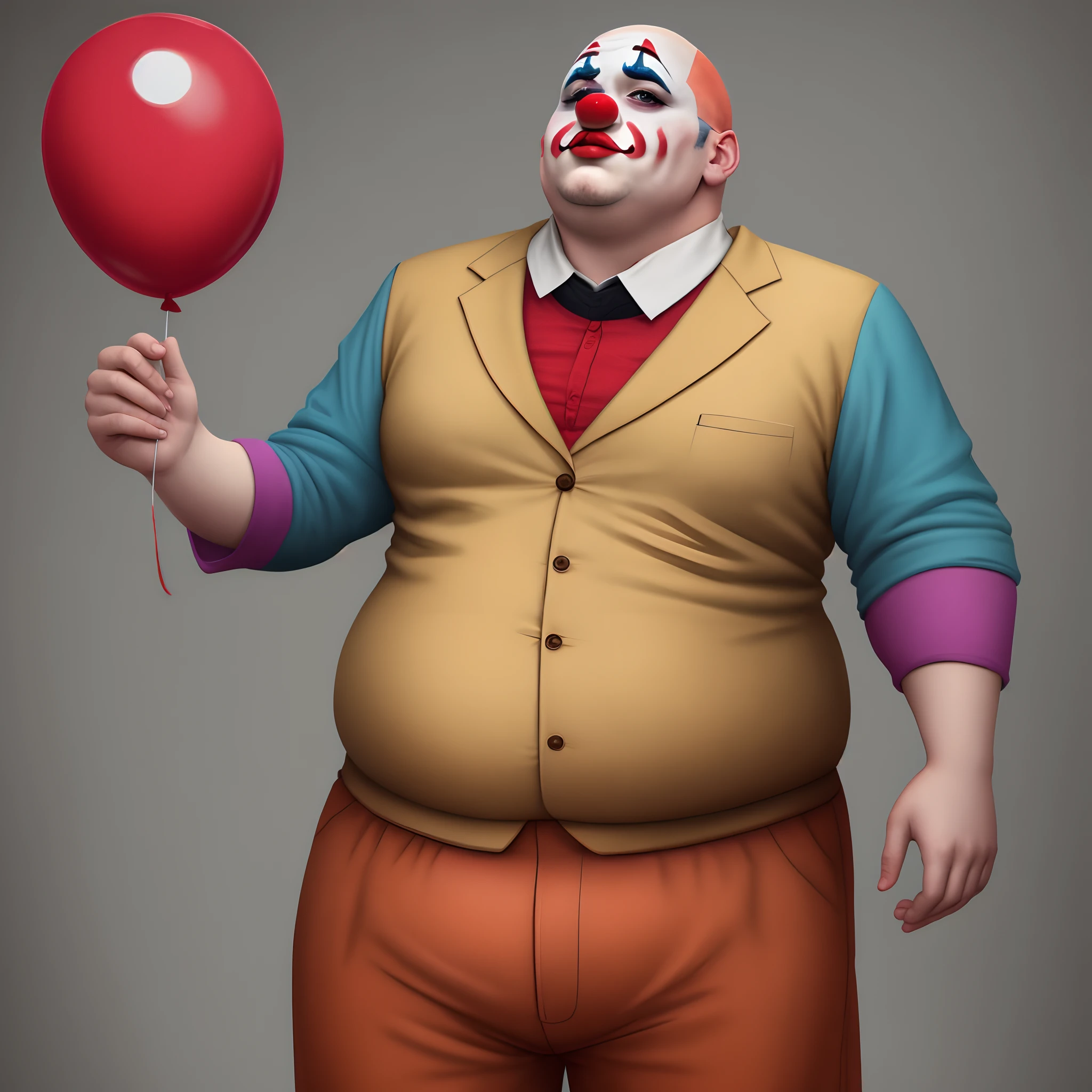 A short, bald fat person with poor clown makeup