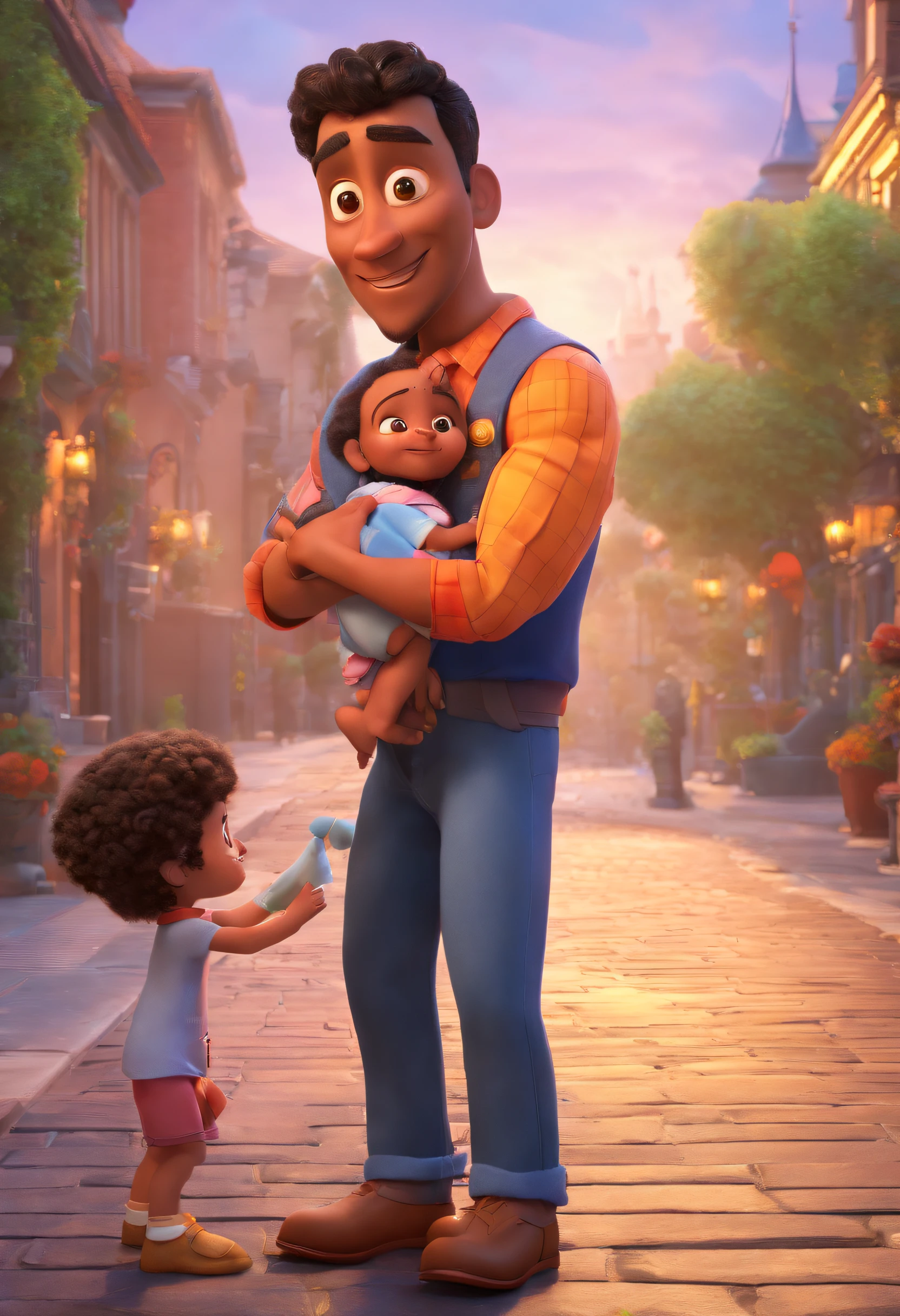 Estilo Pixar: The adult brown man is holding a black-eyed boy and in his other hand he is holding a baby girl in his arms,3D Poster,Disney
