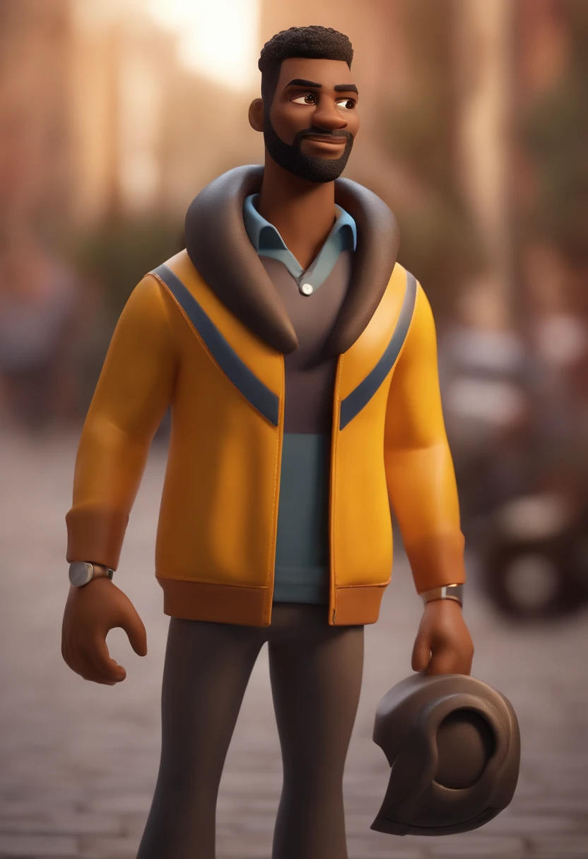 Cartoon character of a black man with beard and short curly hair in gradient, musculoso, camisa preta e amarelo, animation character, Animation Style Rendering, 3D estilizado, prestar, 3 d prestaização estilizada, keyshot de prestarização show, Personagem 3D, Personagem 3D, 3d rendering stylized, 3 d character render, personagem de desenho animado, Pose de personagem, (Estilo Pixar) (master part:1.3) (Bokeh) (melhor qualidade) (pele detalhada) (specific texture) (8k) (cinematic lighthing) (foco nítido)