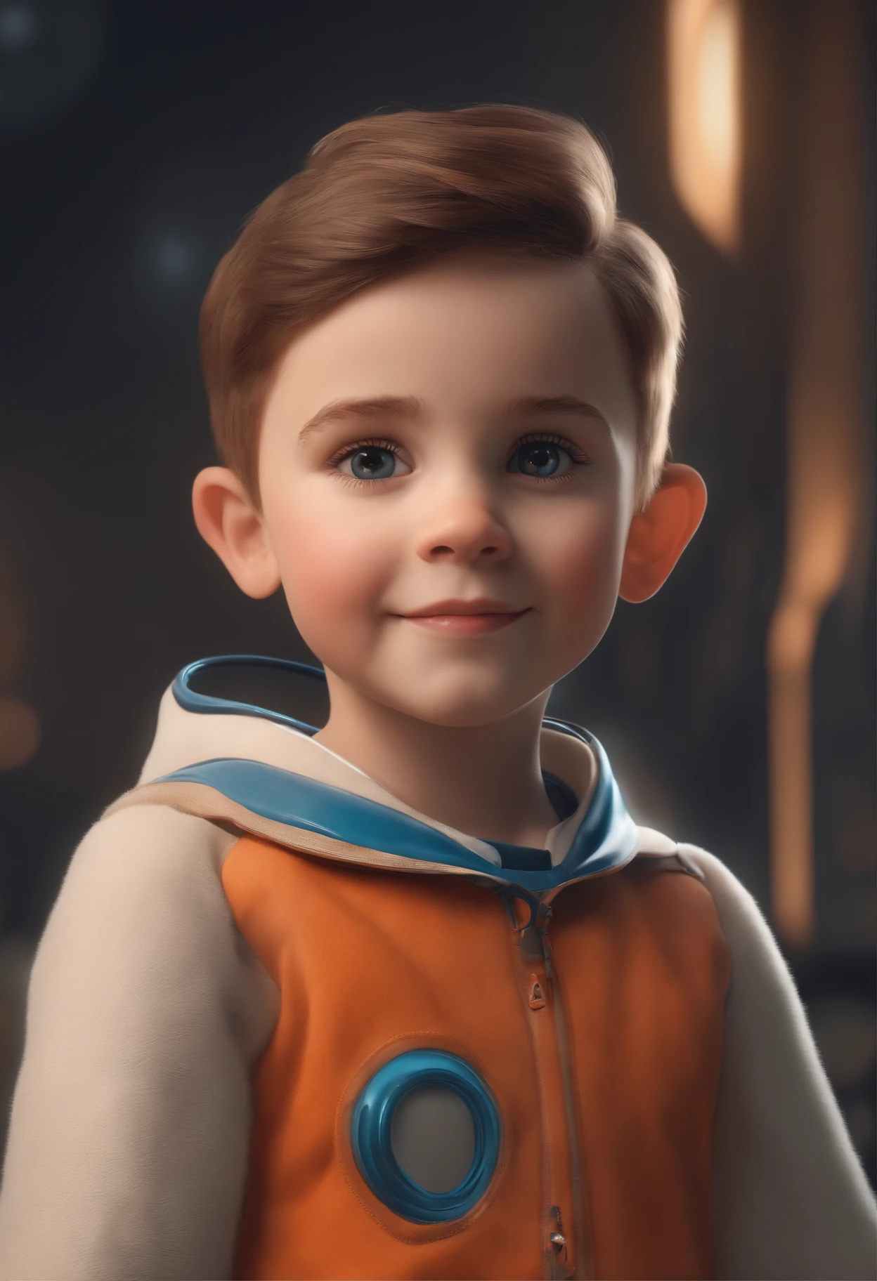 a happy cute  standing short hair, vestindo uma fantasia espacial, , fundo branco, barnet, Tom, Estilo Pixar, ....3d, desenhos animados, rosto detalhado, asymmetrical 16k