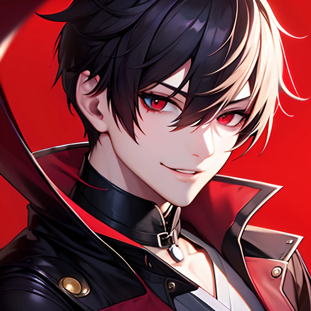 KK, top-quality, detaileds, masterpiece, kaneki ken, 1 juvenile, Male Focus, 独奏, heterochromia iridis, Red background, bangss, red eyes, Glittering red eyes, Poor eye appearance, shorth hair, A dark-haired, jersey, Smirk, cparted lips, looking at viewert, The upper part of the body, tusk, Vampires, high class, 8K, detaileds, Ray traching, depth of fields,
