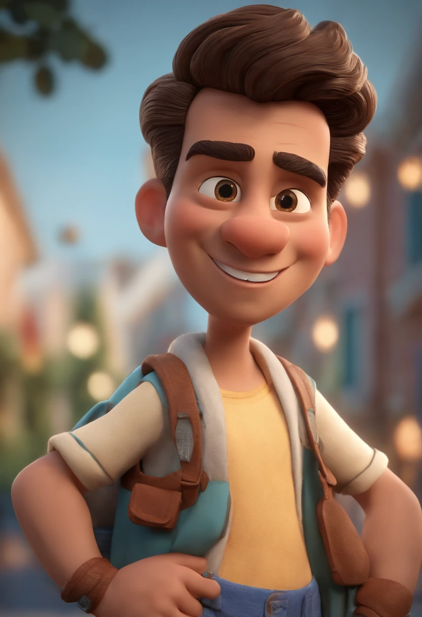 Personagem de desenho animado de um homem olhos castanhos e uma camisa azul, um personagem animado, Caractere estilizado, animation style rendering, 3D estilizado, Arnold Maya render, 3 d render stylized, toon render keyshot, Personagem 3D, Personagem 3D, 3d rendering stylized, 3 d character render, personagem de desenho animado, Personagem de close up, Pose de personagem, (Estilo Pixar) (master part:1.2) (Bokeh) (best quality) (pele detalhada) (textura detalhada) (8k) (argila) (Cinematic lighting) (foco nítido,Senta e vaza a parte superior do corpo, com cabelo curto castanho , magro de 19 anos