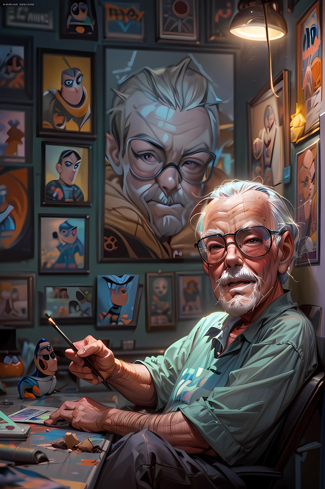 a portrait (Pixar art:1.5) of (Stan Lee: 1.3), sitting in his work room working on his next project, florescent light, famous Marvel Comics characters painted on the walls,  animation study room background, ultra detailed, Masterpiece, best quality, photorealistic, pixarstyle