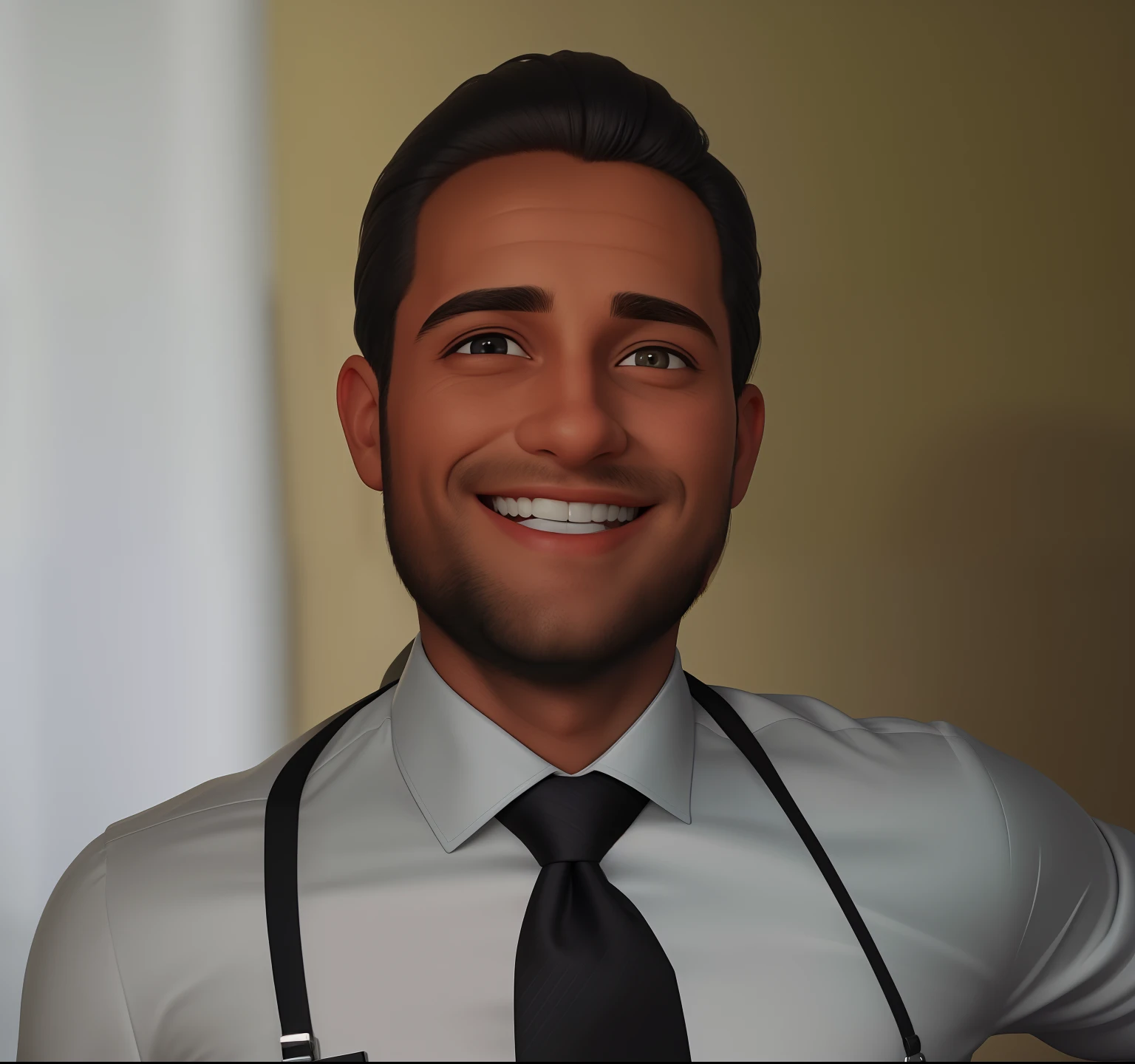 Um homem de 42 anos, com cabelos castanhos curtos, face de diamante, sorridente olhar alegre e rigoroso, e olhos castanhos claros, Wearing silver shirt with black tie and thin black suspenders.