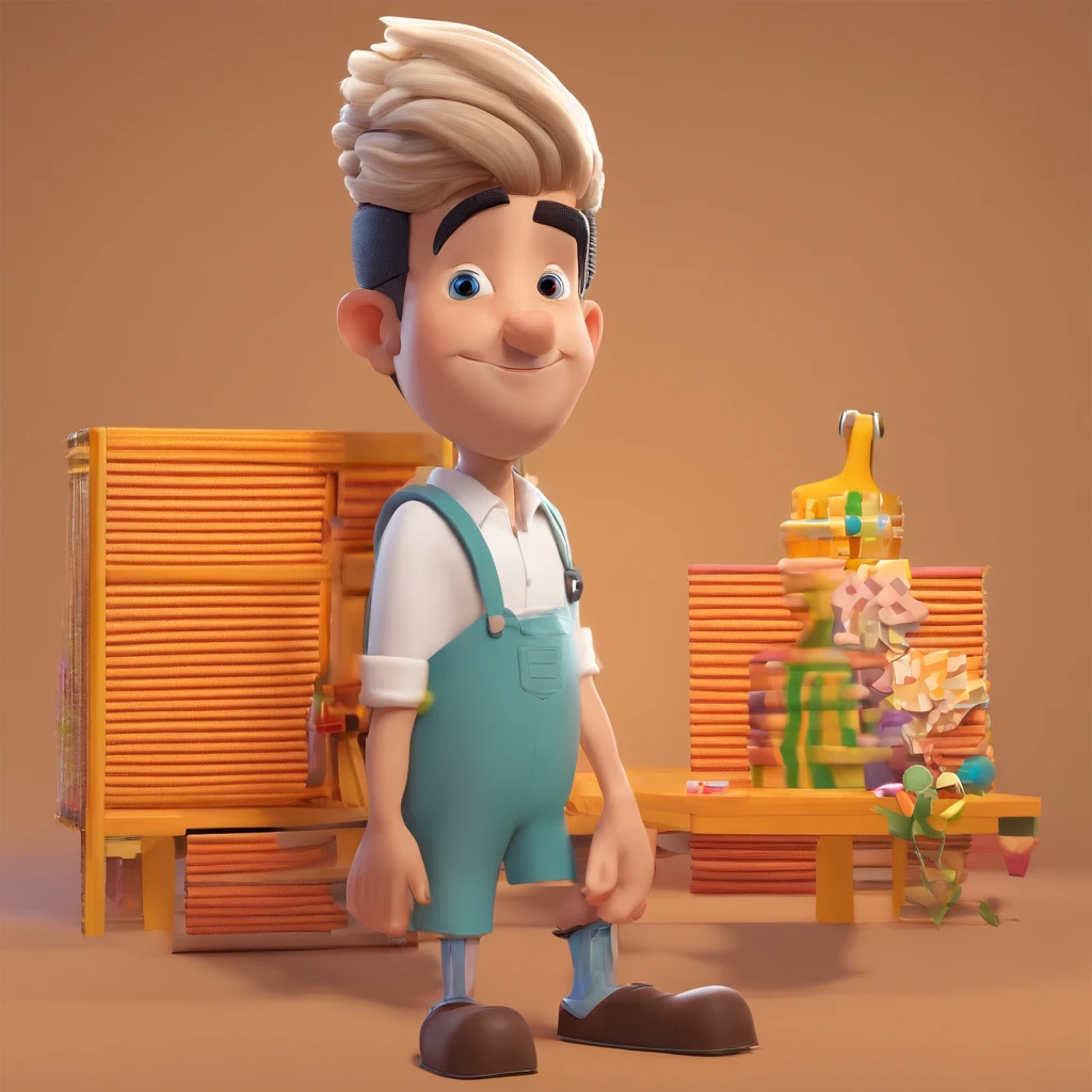 Criar um personagem no estilo Pixar. Trata-se de um homem de 30 anos, com barba, Branco, com cabelos castanhos curtos e um quiff, e olhos castanhos. Ele deve estar na frente de um computador, Trabalhar como designer