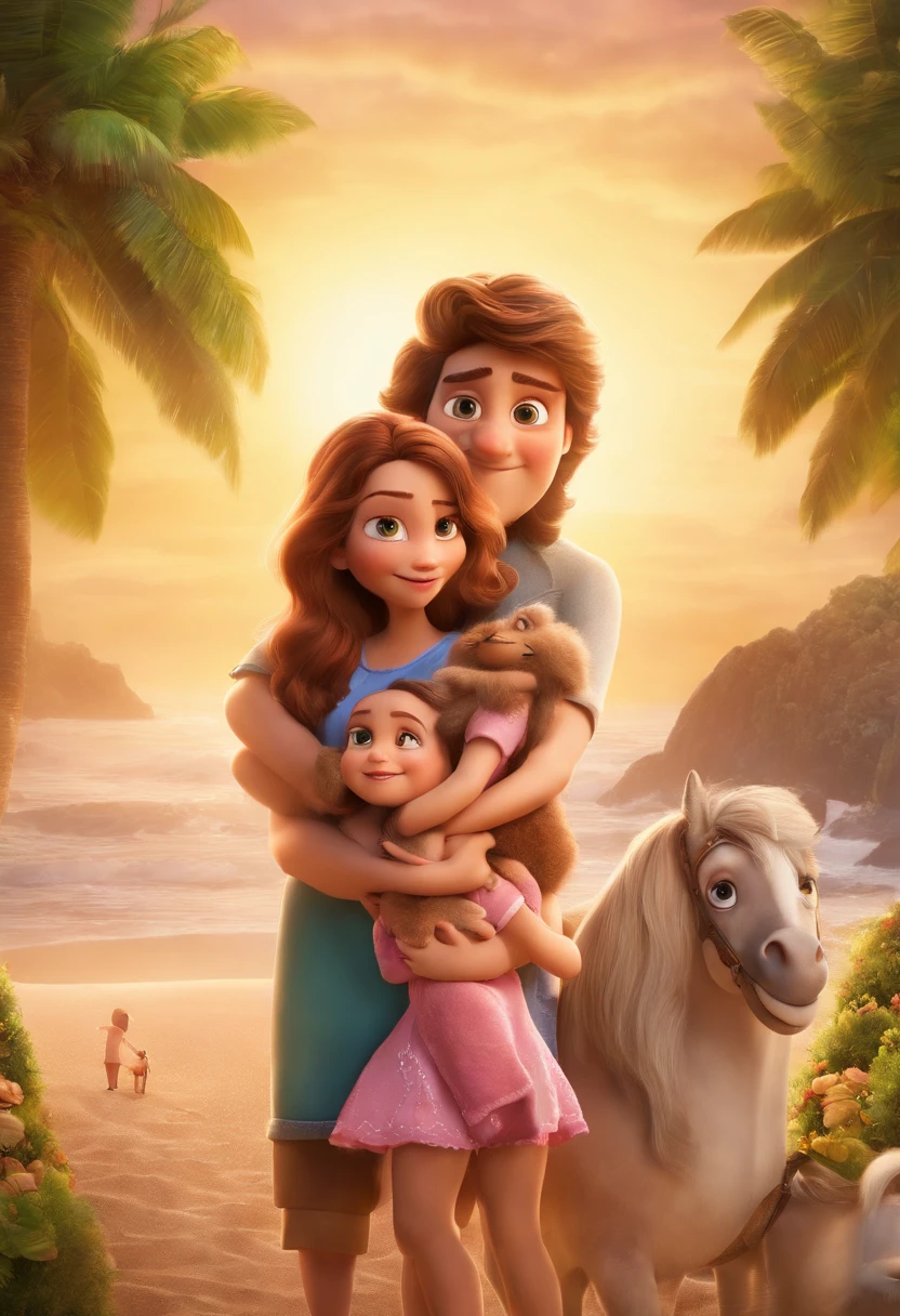 a Disney Pixar movie poster showing a family. The father is the same size as the mother, o pai e moreno, com barba  curta preta, cabelo ondulado com degrade baixo e usa oculos de nerd. The mother has green eyes and light hair, na altura do peito. Tanto o pai como a mae estou em forma. A  tem 4 anos e cabelos castanhos, roupa rosa e rabos de cavalo. The background is a beach garden. 3D-rendering