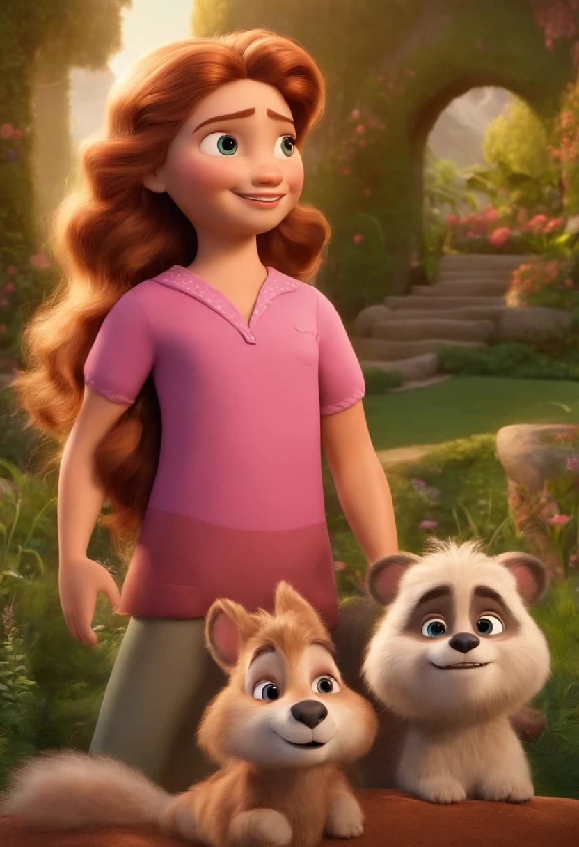 a Disney Pixar movie poster showing a family. The father is the same size as the mother, o pai e moreno, com barba curta preta, cabelo ondulado com degrade baixo e usa oculos de nerd. The mother has green eyes and light hair, na altura do peito. Tanto o pai como a mae estou em forma. A menina tem 4 anos e cabelos castanhos, roupa rosa e rabos de cavalo. The background is a beach garden. 3D-rendering