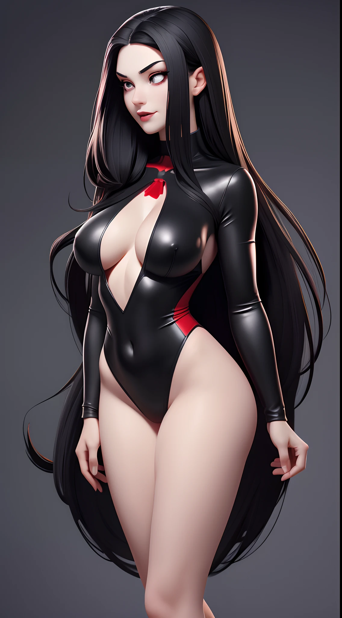 a woman with long black hair, black eyes, red mouth, pale skin, with large breasts, sculptural body, wearing a red swimsuit with a deep neckline, from the lap to the pelvis, very bold with large necklines from the breasts to the pelvis, covering only the nipples and the vagina, full body view and a vampire, the pure expression of pleasure and death, Halloween flat background, ultra realistic, cinematic, 4k