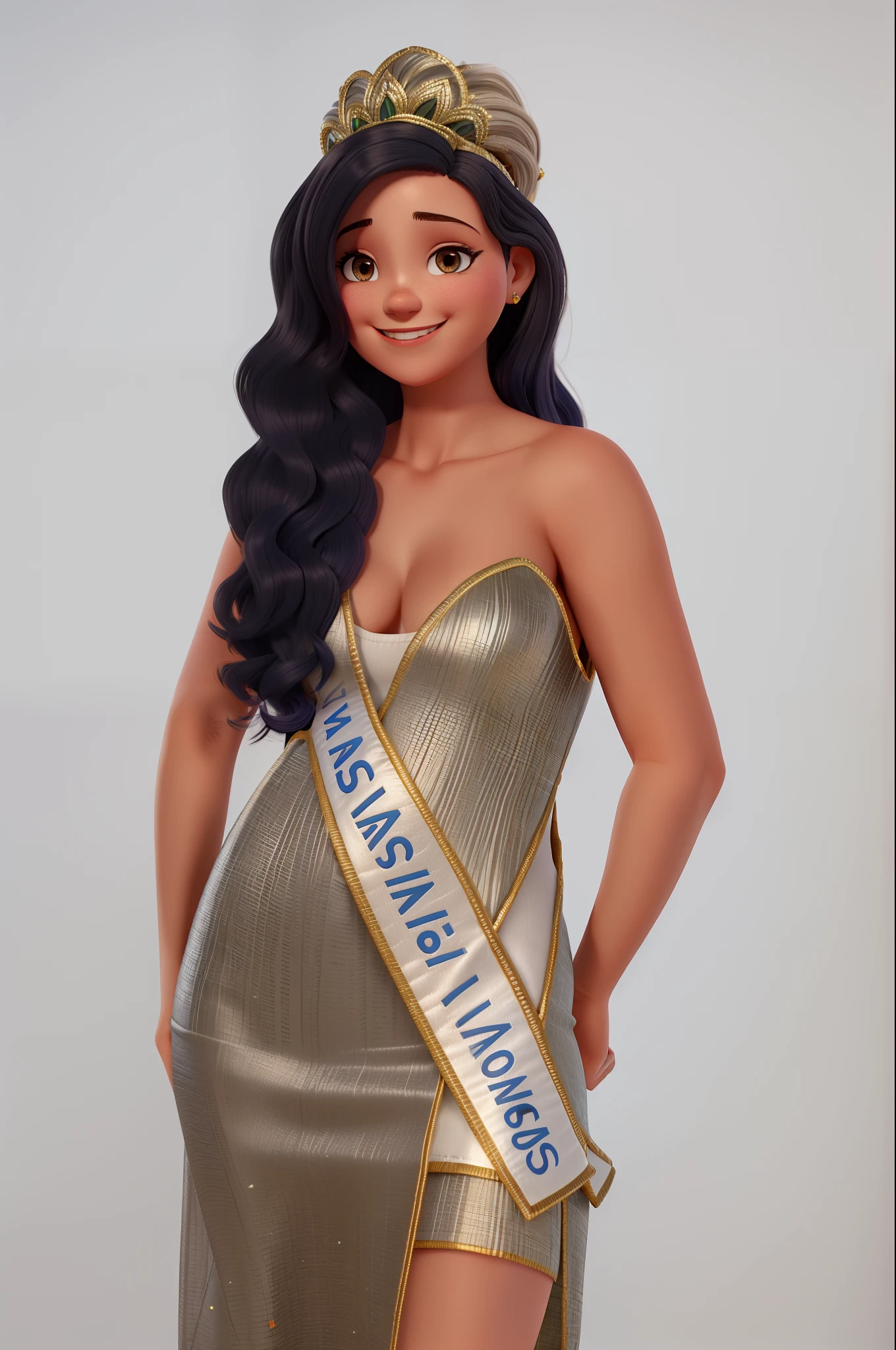 Uma jovem miss, bonita e sorridente, usando um vestido brilhante, com cabelos longos uma faixa e coroa