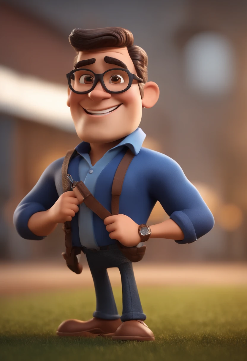 Cartoon character of a man with black glasses and a blue shirt, animation character, Caractere estilizado, animation style rendering, 3D estilizado, Arnold Maya render, 3 d render stylized, toon render keyshot, Personagem 3D, Personagem 3D, 3d rendering stylized, 3 d character render, personagem de desenho animado, Personagem de close up, Pose de personagem,  (Estilo Pixar) (master part:1.2) (Bokeh) (best quality) (pele detalhada) (textura detalhada) (8k) (argila) (Cinematic lighting) (foco nítido