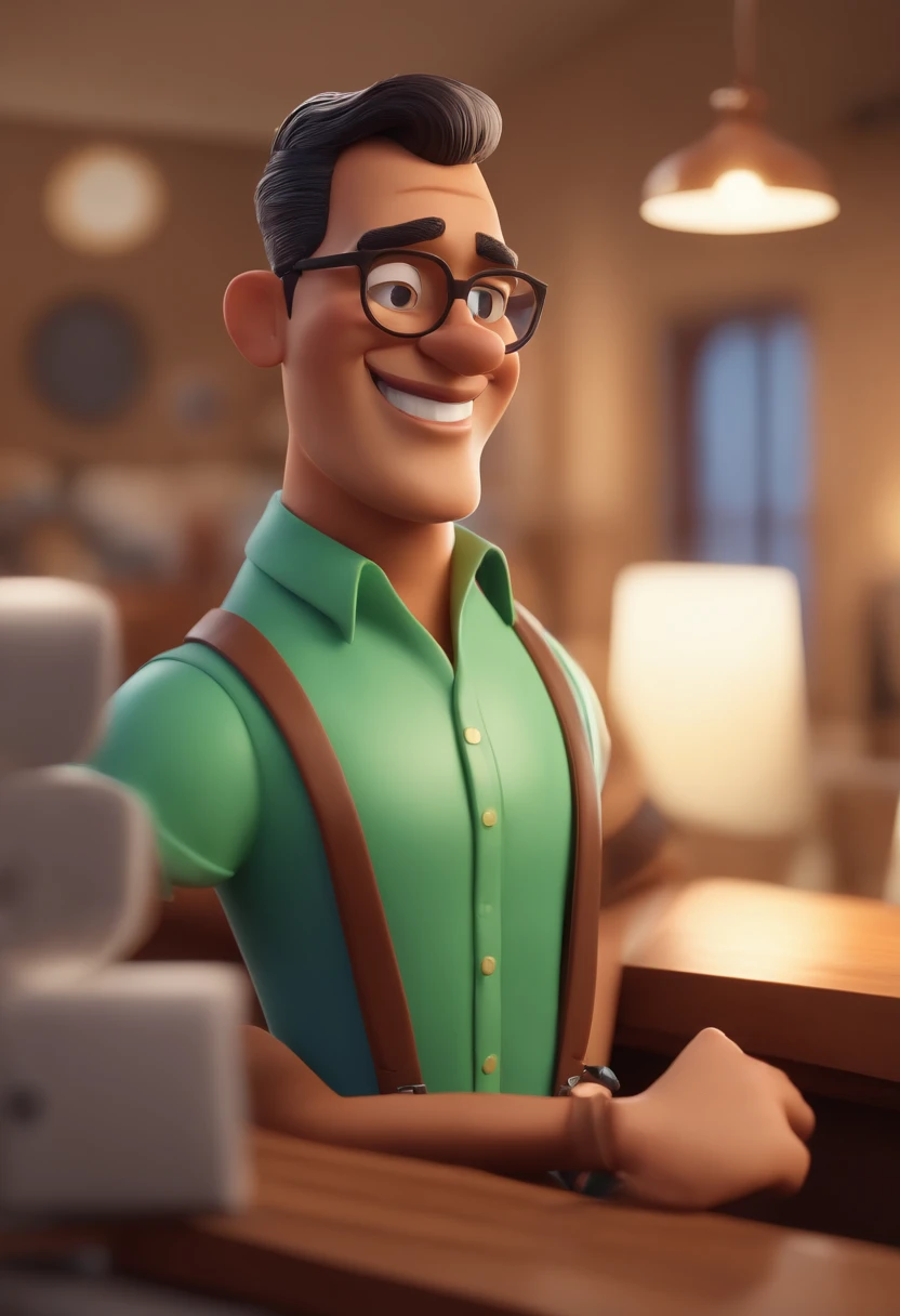 Cartoon character of a man wearing green glasses and a blue shirt, cerce de 1,70 metros de altura, 110 quilos, um pouco acima do peso, com ombros largos. His profession is a real estate broker, ou agente imobiliario. O personagem usa barba curta. um personagem animado, Caractere estilizado, animation style rendering, 3D estilizado, Arnold Maya render, 3 d render stylized, toon render keyshot, Personagem 3D, Personagem 3D, 3d rendering stylized, 3 d character render, personagem de desenho animado, Personagem de close up, Pose de personagem,  (Estilo Pixar) (master part:1.2) (Bokeh) (best quality) (pele detalhada) (textura detalhada) (8k) (argila) (Cinematic lighting) (foco nítido