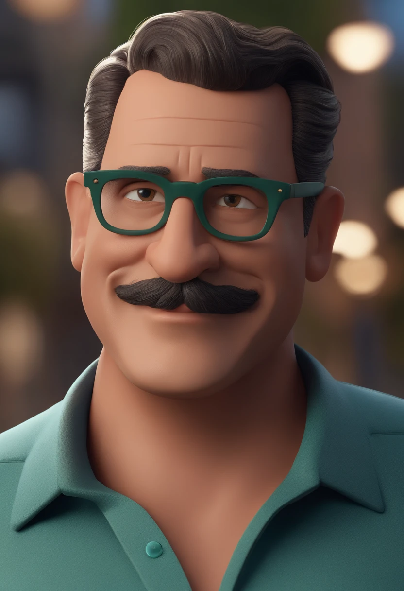 Cartoon character of a man wearing green glasses and a blue shirt, cerce de 1,70 metros de altura, 110 quilos, um pouco acima do peso, com ombros largos. His profession is a real estate broker, ou agente imobiliario. O personagem usa barba curta. um personagem animado, Caractere estilizado, animation style rendering, 3D estilizado, Arnold Maya render, 3 d render stylized, toon render keyshot, Personagem 3D, Personagem 3D, 3d rendering stylized, 3 d character render, personagem de desenho animado, Personagem de close up, Pose de personagem, (Estilo Pixar) (master part:1.2) (Bokeh) (best quality) (pele detalhada) (textura detalhada) (8k) (argila) (Cinematic lighting) (foco nítido